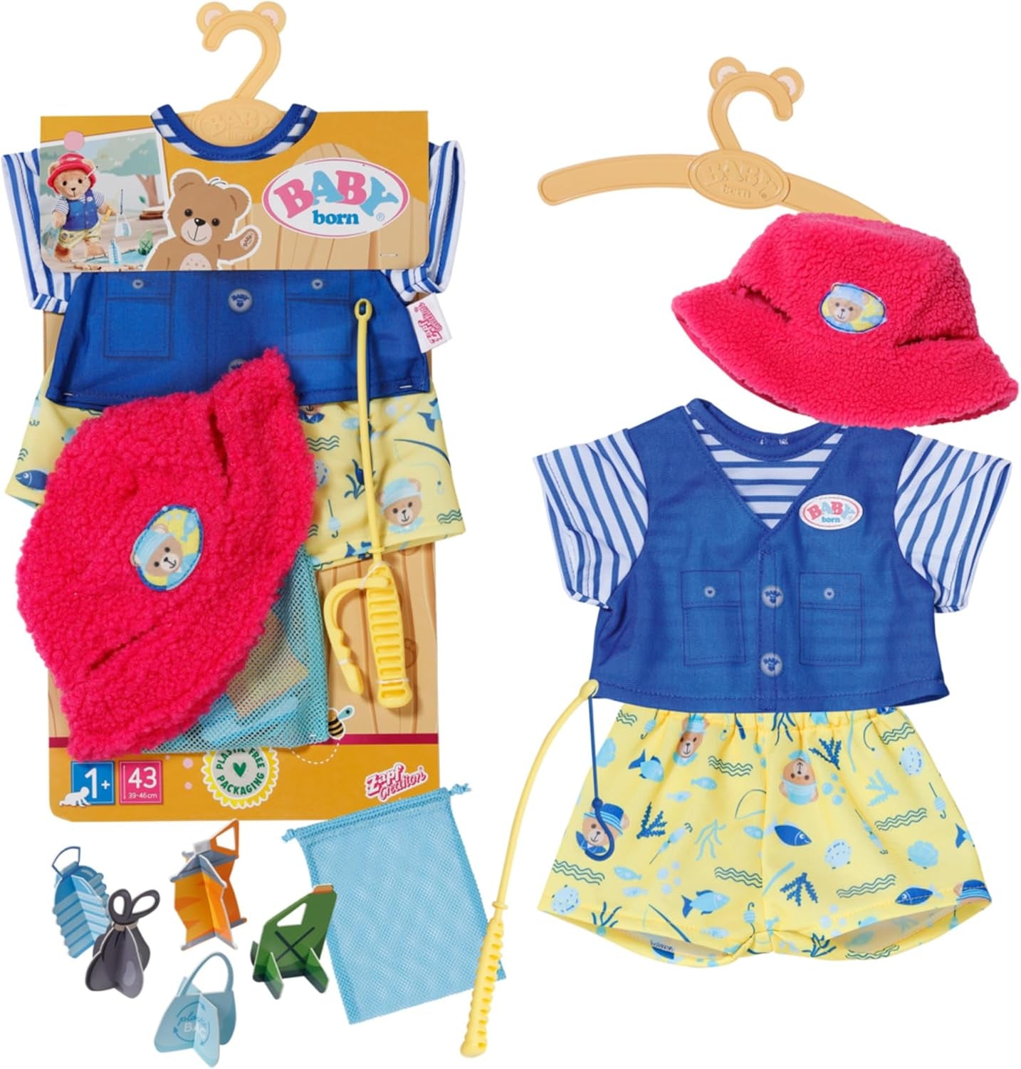 Costume da pescatore Teddy Baby Born con canna da pesca per bambole da 43 cm e orsacchiotto, 835982 Zapf Creation