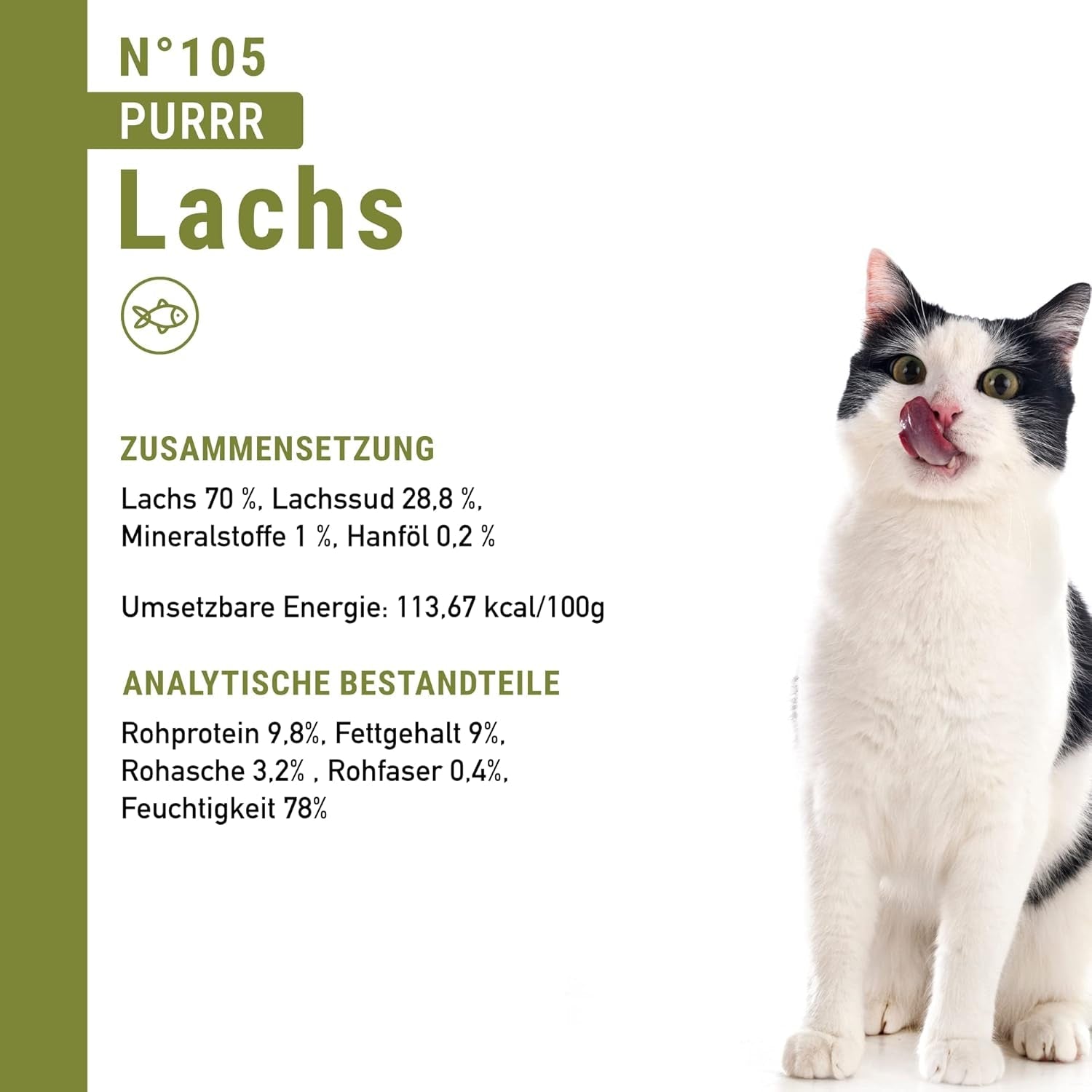 Cibo umido per gatti Catz Finefood Purrrr con monoproteine ​​e salmone n. 105, per gatti con digestione sensibile, 16 x 80 g