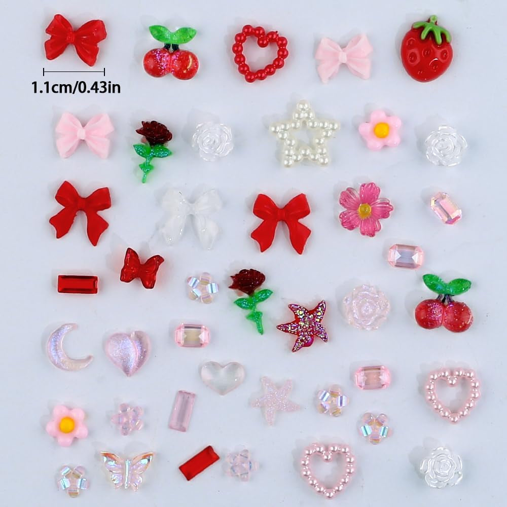 100 pz 3D Nail Charms Rosa Rot Kirsche Erdbeere Blume Nagel Charms Kamelie Rose Schmetterling Nail Art Charms Flatback Herz Schleife Charms Nägel Zubehör Mond Stern Nagelschmuck Nageldesign Anhänger