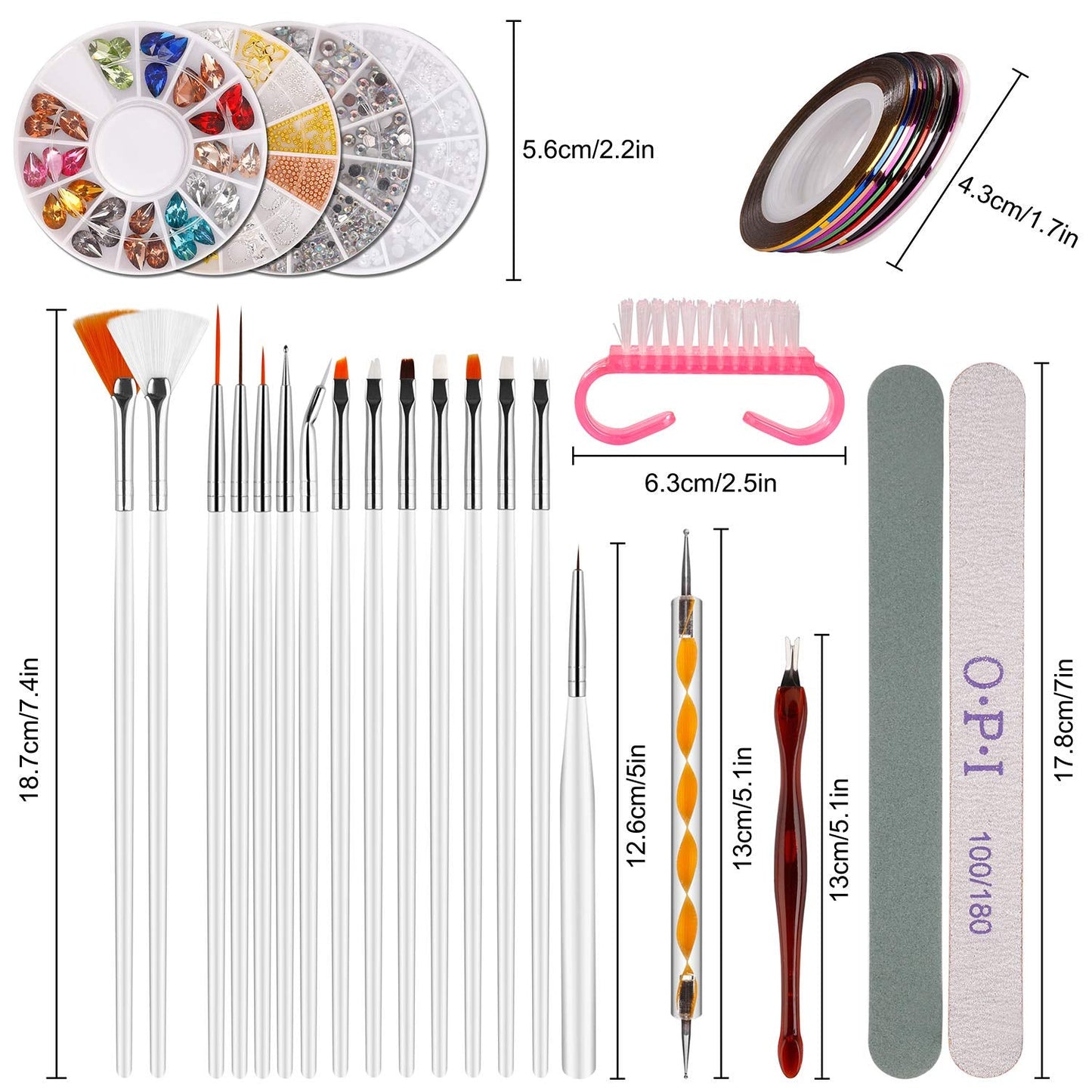 Nail Art Dekorationen & Nagelpinsel Set, Nageldesign Zubehör, Nagelset 5 Stk 2 Wege Punktierung Stift, 15 Malerei Polnisch Pinsel Set, 10 Streifenband, 4 Boxen Bunte Nagel Strass Dekoration