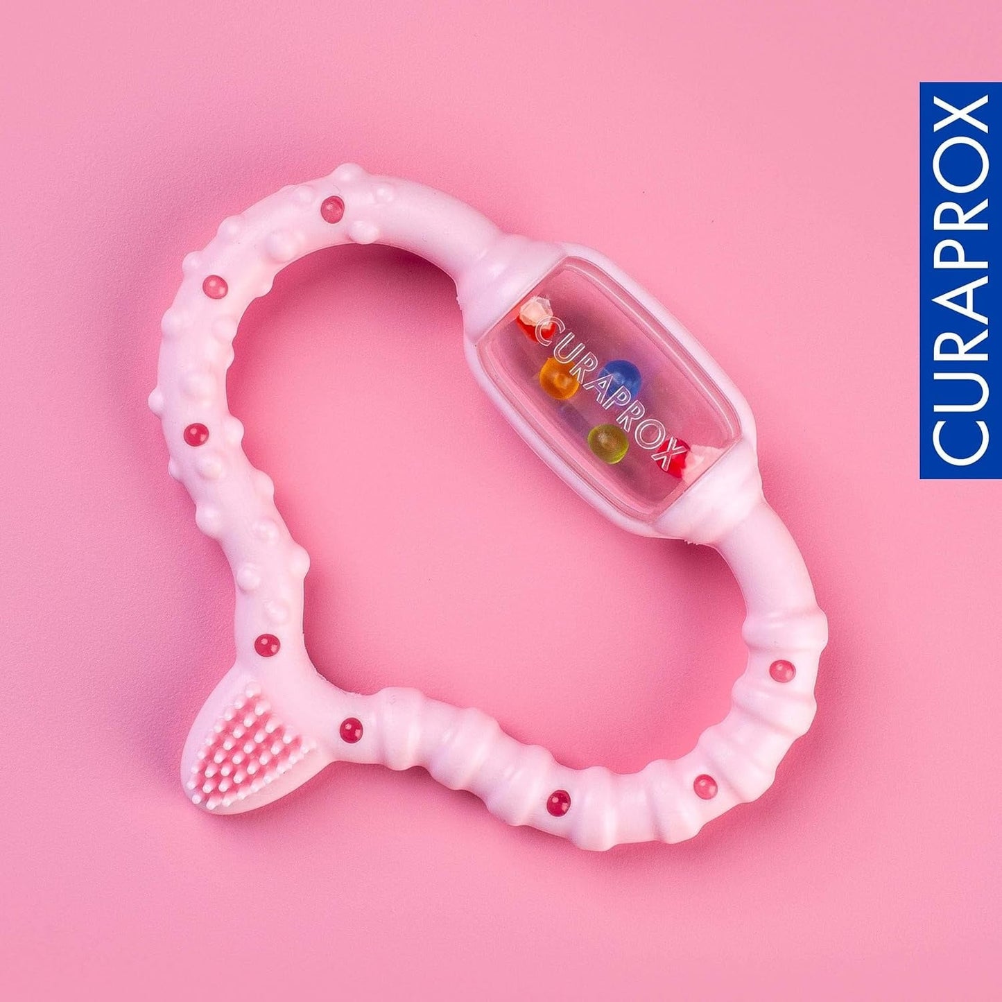 Anello da dentizione Curaprox per neonati - Per bambini da 0 a 24 mesi/Allevia il dolore dei denti e promuove le abilità motorie | Senza BPA, Rosa, con spazzolino da allenamento/Prodotto in Svizzera