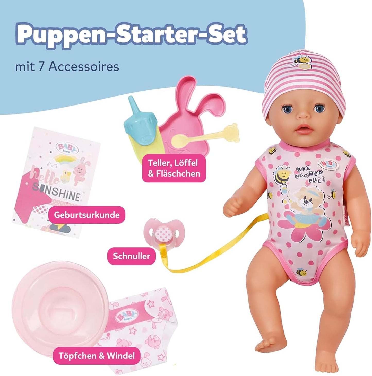 Bambolina Baby Born Lena (bambina) - 36 cm - 7 funzioni, compresi accessori e materasso - Funziona completamente senza batterie - Adatto a bambini piccoli a partire da 1 anno