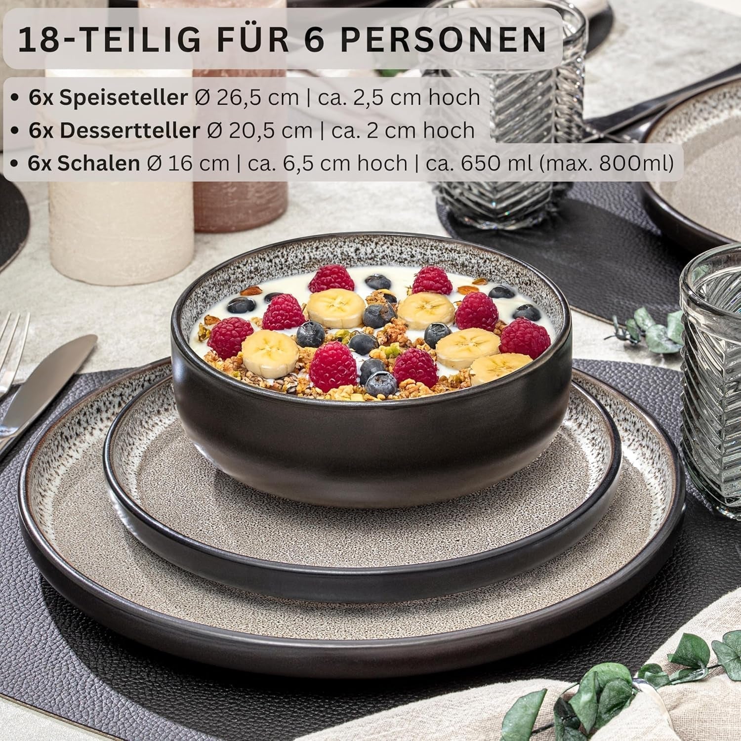 SÄNGER Luxor | Servizio stoviglie in gres, 18 pezzi, Servizio piatti per 6, Servizio stoviglie (6 Piatti piani, 6 Ciotole per cereali, 6 Piatti dessert), Stoviglie marrone-beige antigraffio | LA COLLEZIONE DI VALORE
