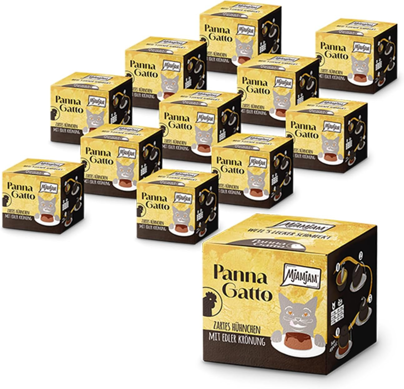 MjAMjAM - Cibo umido premium per gatti - Panna Gatto - pollo tenero con guarnizione nobile, confezione da 12 (2x80g), senza cereali