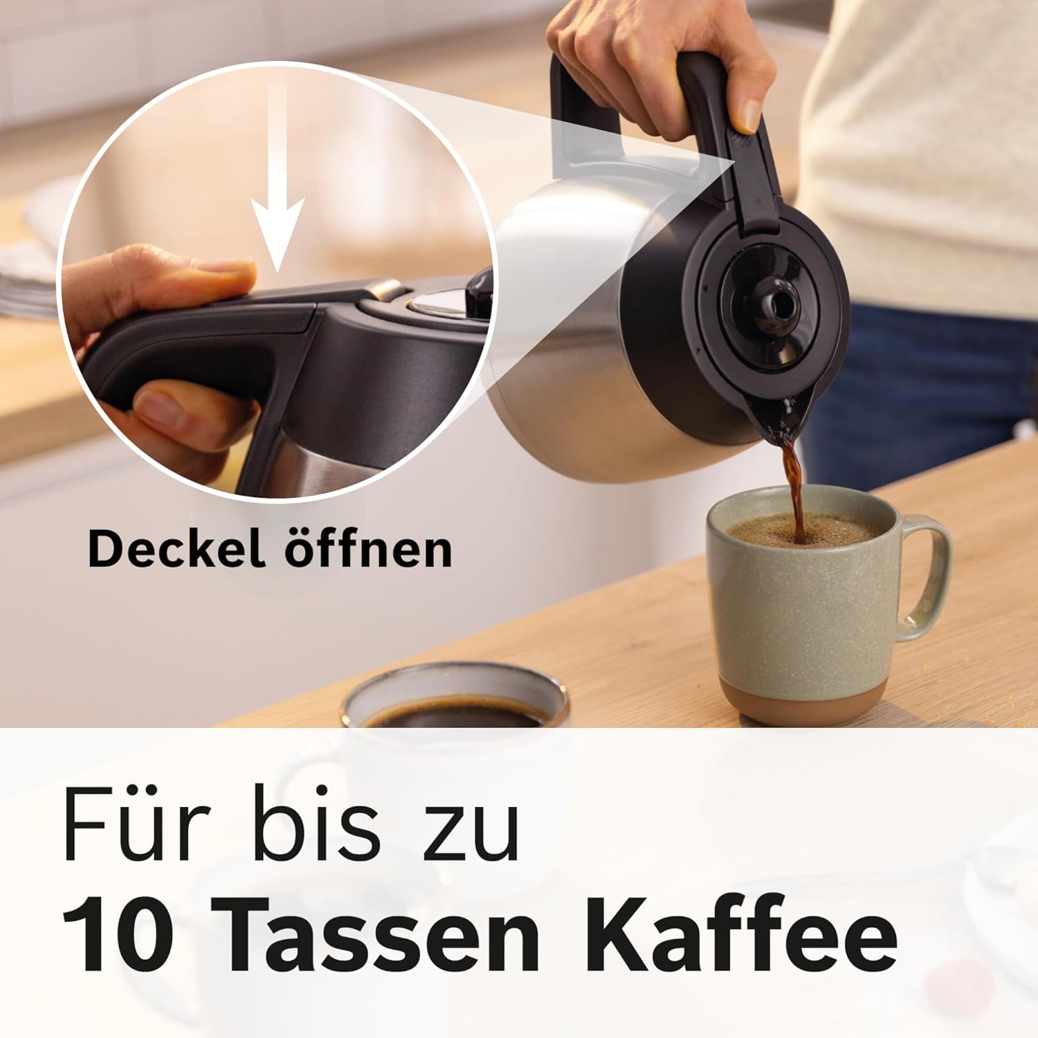 Bosch MyMoment TKA6M273 Macchina per caffè espresso con filtro, caraffa termica da 1 litro, 8-12 tazze, sistema antigoccia, portafiltro rotante, programma di decalcificazione, serbatoio acqua removibile, 1200 Watt, nero opaco