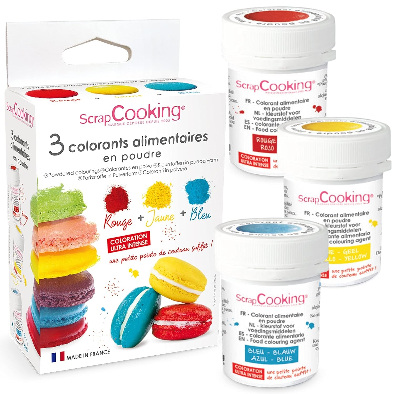 Scrapcooking - Set di 3 coloranti alimentari in polvere - Rosso Giallo Blu - Colorante alimentare per dolci, torte, biscotti, pasta, fondente, torta arcobaleno - 4011