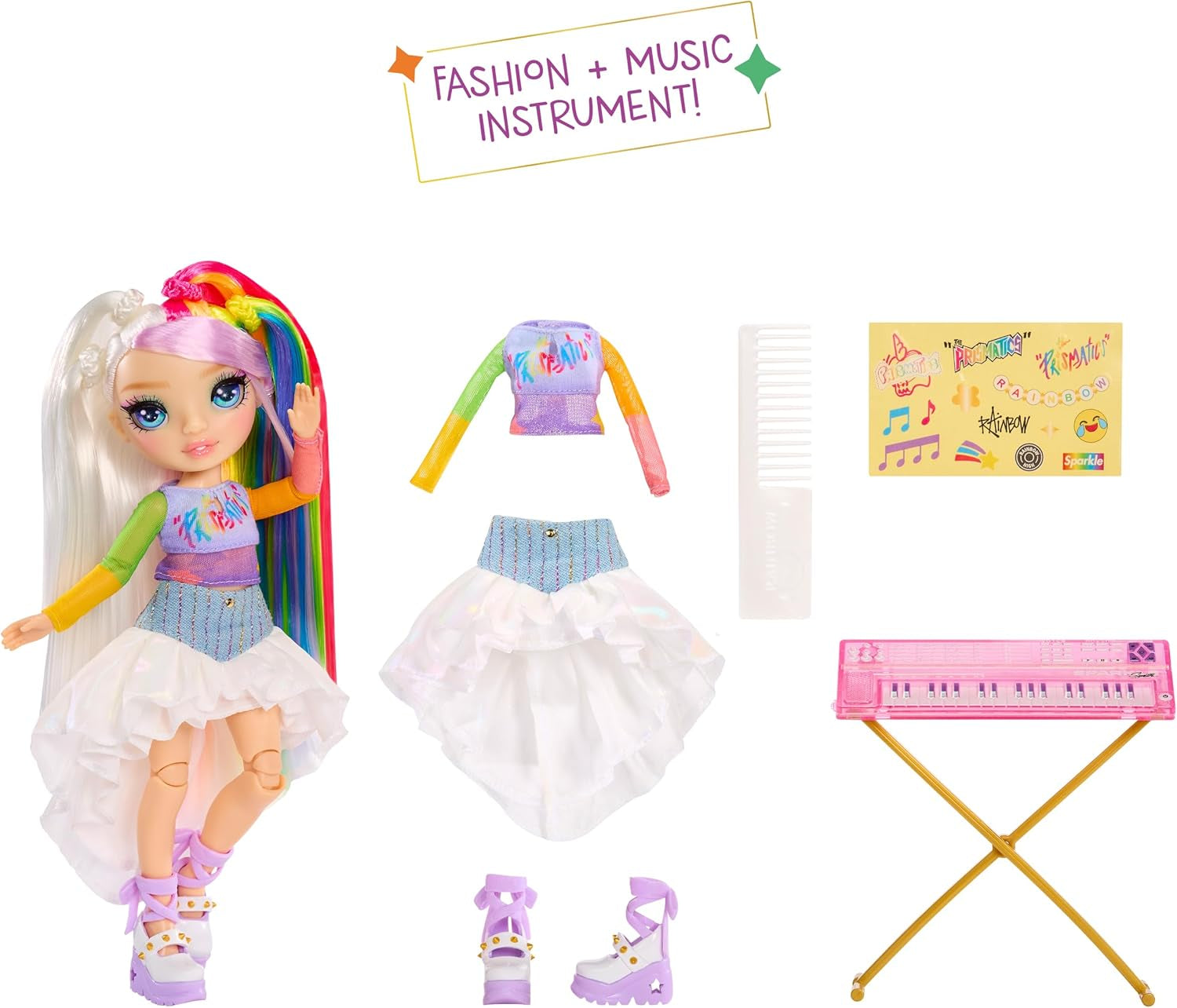 Rainbow High Junior High Rock Band - Amaya, Rainbow Colors - Bambola alla moda da 23 cm con tastiera, personalizzabile con adesivi, articolata, simpatico giocattolo per bambini dai 4 anni in su