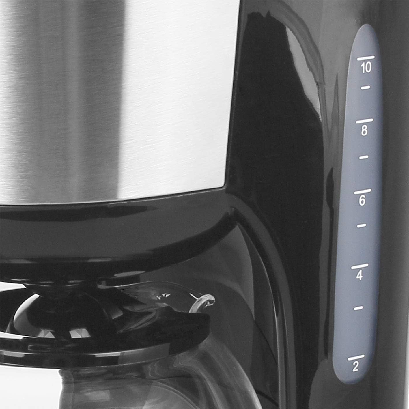 Emerio CME-122933, Macchina da caffè con filtro, 1,25 L per un massimo di 10 tazze di caffè fresco, filtro rimovibile permanente, funzione antigoccia, caraffa in vetro, spegnimento automatico, 1000 watt, nero/argento