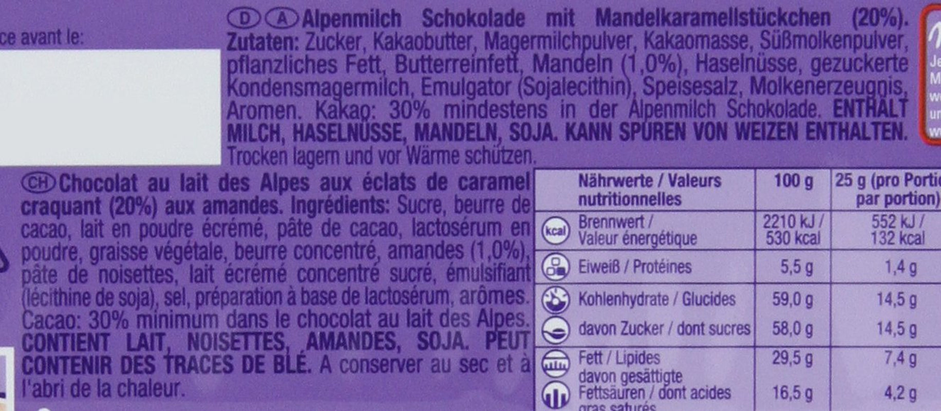 & Daim 1 x 100 g I Cioccolato al latte alpino I con pezzi di caramello e mandorle I Cioccolato al latte alpino 100% I Tavoletta di cioccolato con Daim (confezione da 4)