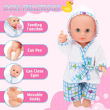 deAO Set vasca da bagno per bambole, bambola interattiva da 33 cm, vasca da bagno per bambole, set da gioco per bambole con ciuccio, vestiti per bambole, accappatoio, pannolini per bambole, vasca da bagno e spray doccia funzionale