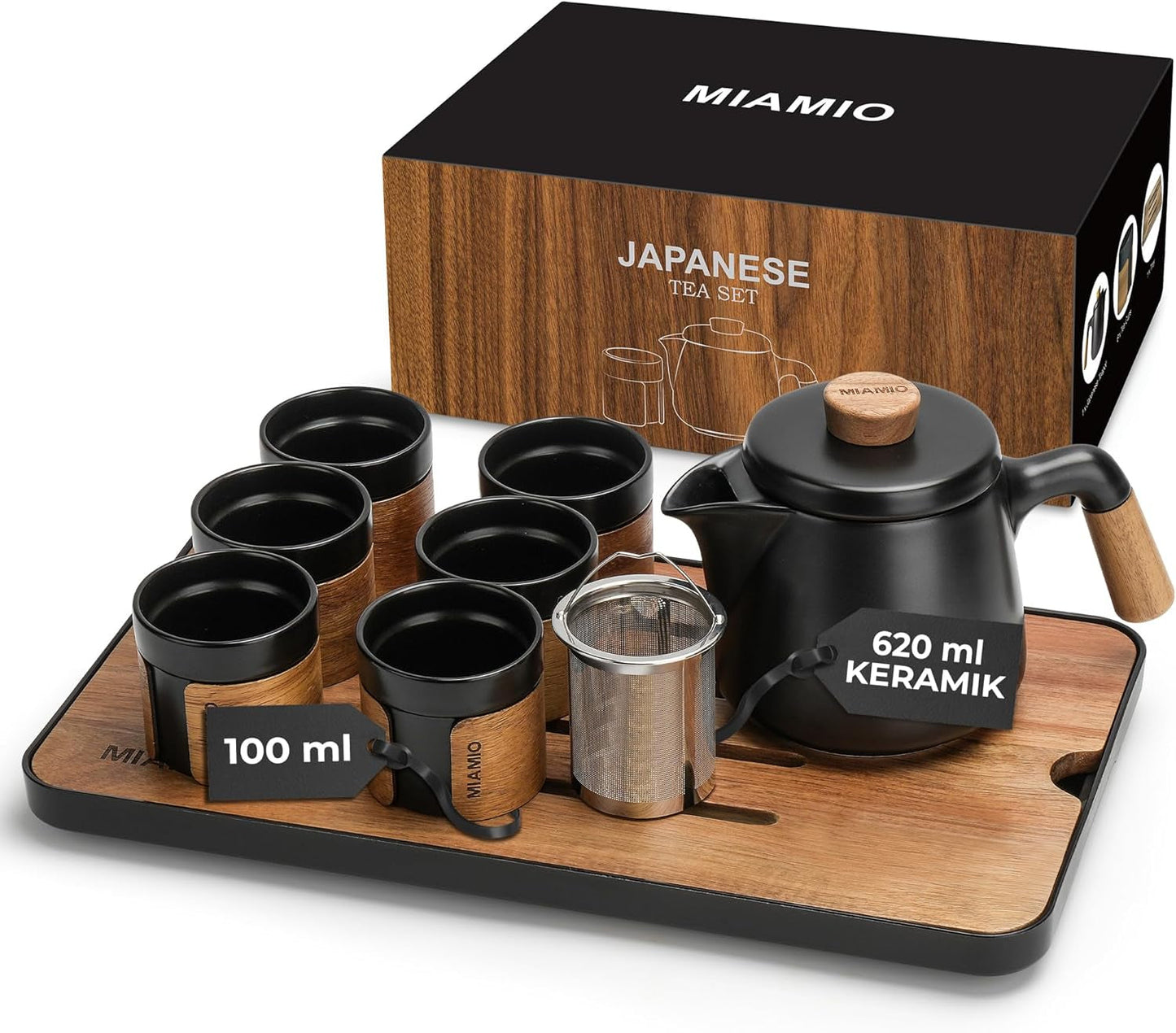 MIAMIO - Set da tè giapponese/cinese 6 x 100 ml / Teiera asiatica da 620 ml con infusore per il tè, set da teiera tradizionale giapponese per amanti del tè/uomini/donne (nero)