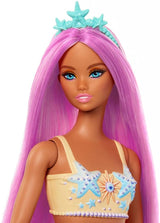 Barbie Sirena con capelli rosa fantasia e fascia per capelli, bambola con testa di stella marina e morbida pinna caudale arancione, HRR05