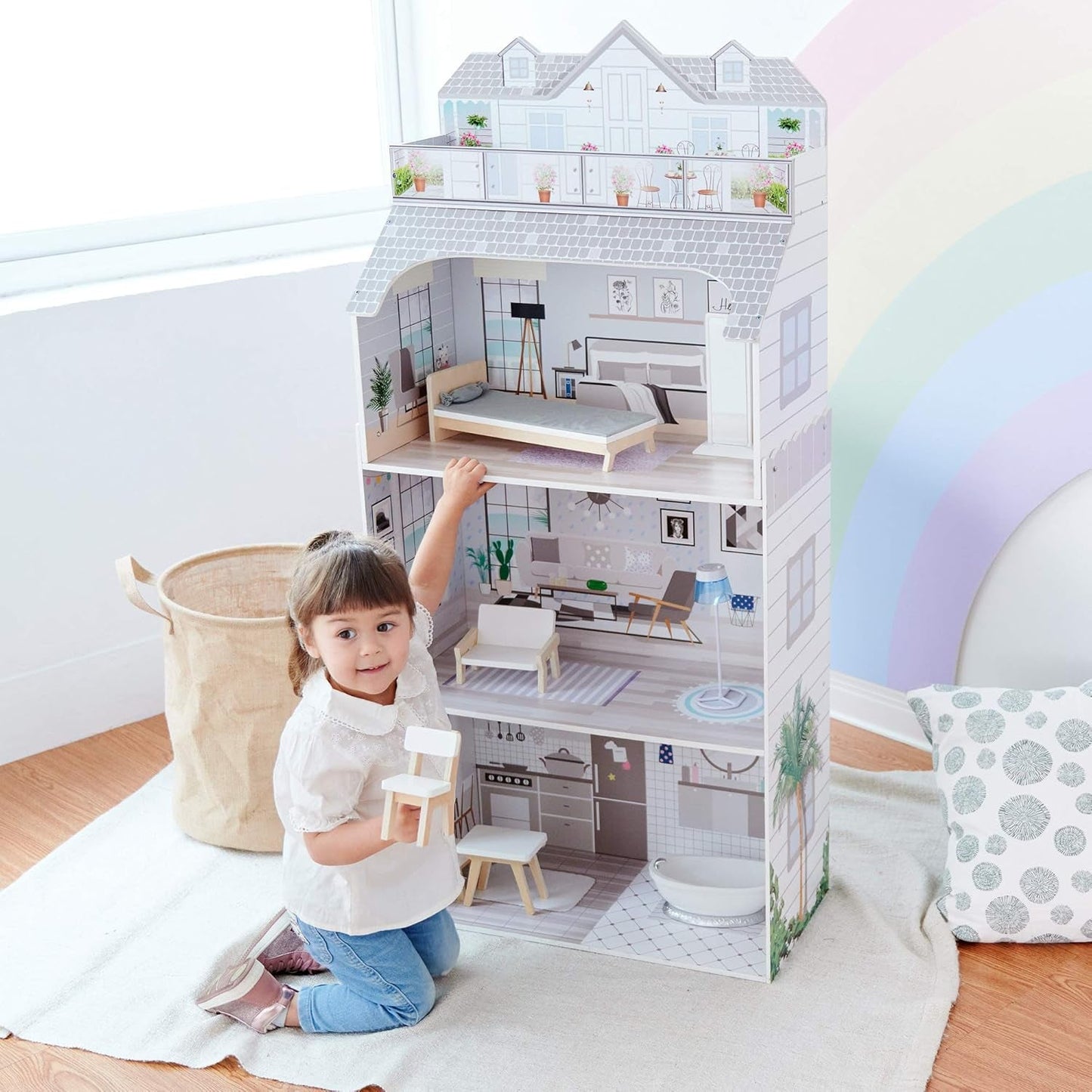 Teamson Kids Casa delle bambole gigante Olivia's Little World con mobili e accessori, casa delle bambole in legno, set da gioco a 3 livelli per bambole da 30 cm, dai 3 anni in su