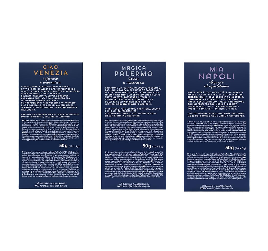 Kit Verkostung Caffè Borbone, 90 Capsule in Alluminio: 30 Mia Napoli, 30 Ciao Venezia, 30 Magica Palermo, (3 x 30 Stück) – Compatibili con Kaffeemaschinen für den Hausgebrauch della marca Nespresso®*