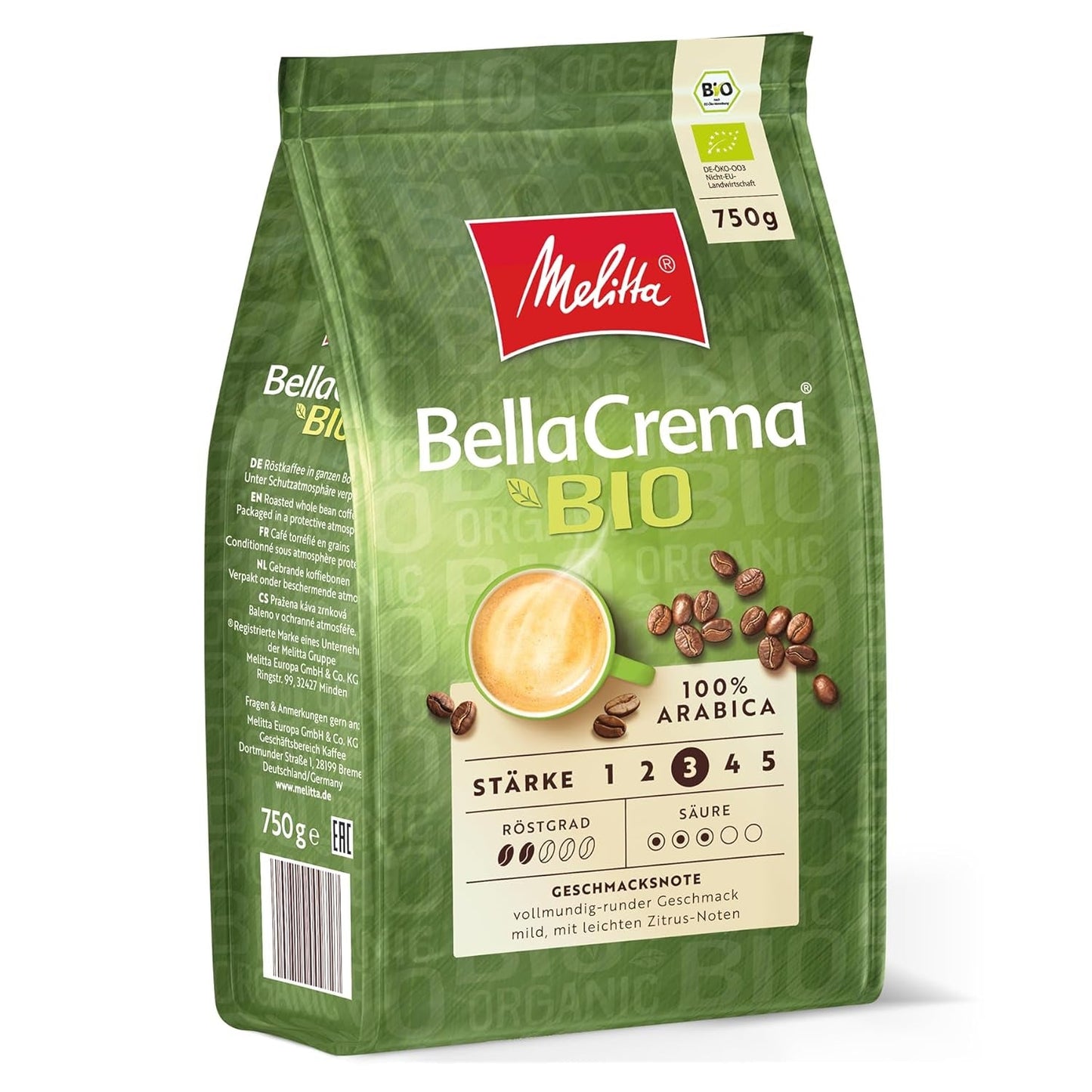 Melitta BellaCrema Caffè in grani interi biologici, Non macinato, Caffè in grani per macchine da caffè automatiche, Tostatura chiara, Tostato in Germania, Forza 3, 750g
