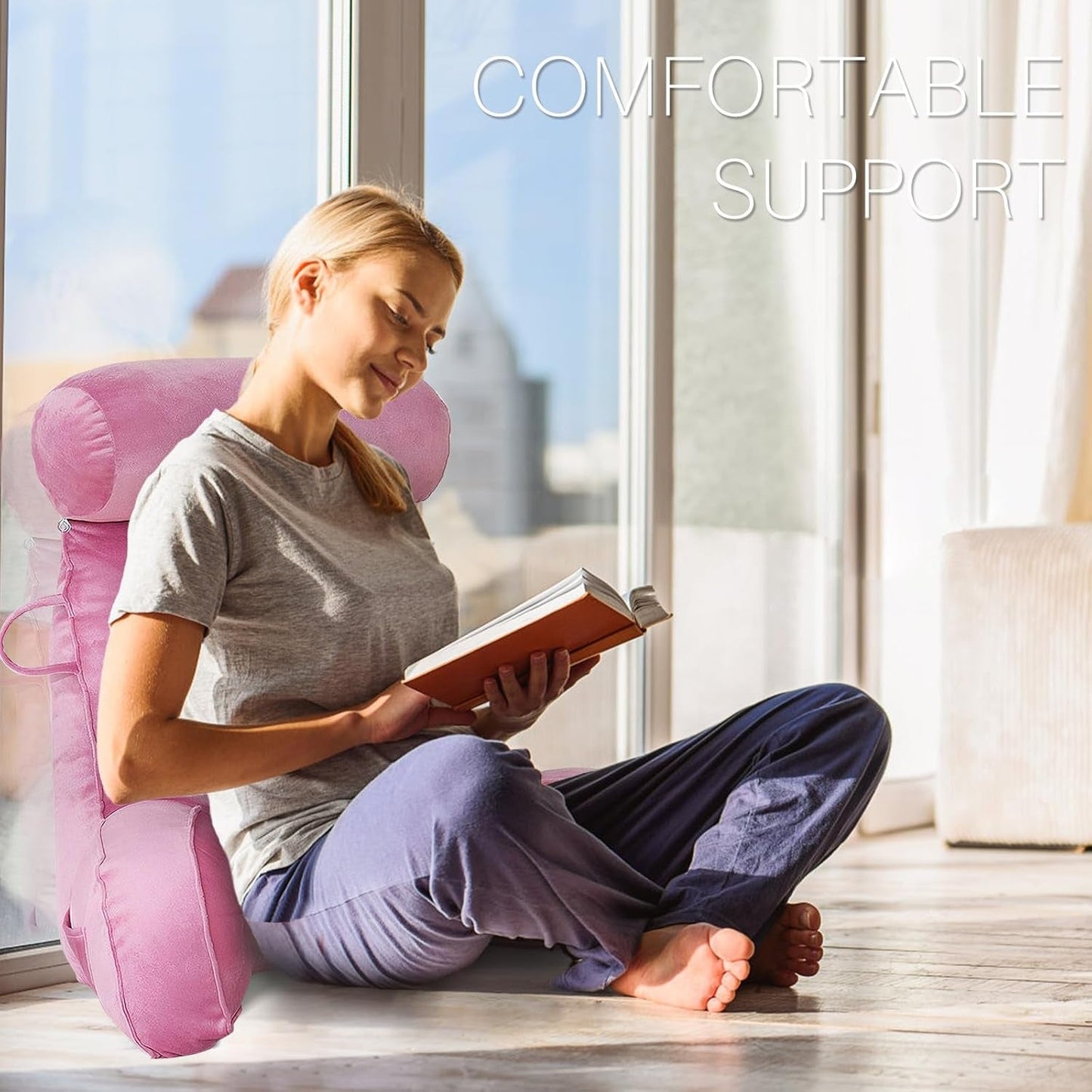Cuscino da lettura XL per letto e divano con paranuca staccabile, cuscino per la schiena ideale per adulti con memory foam per leggere, lavorare, giocare, guardare la TV, rilassarsi (rosa) confortevole