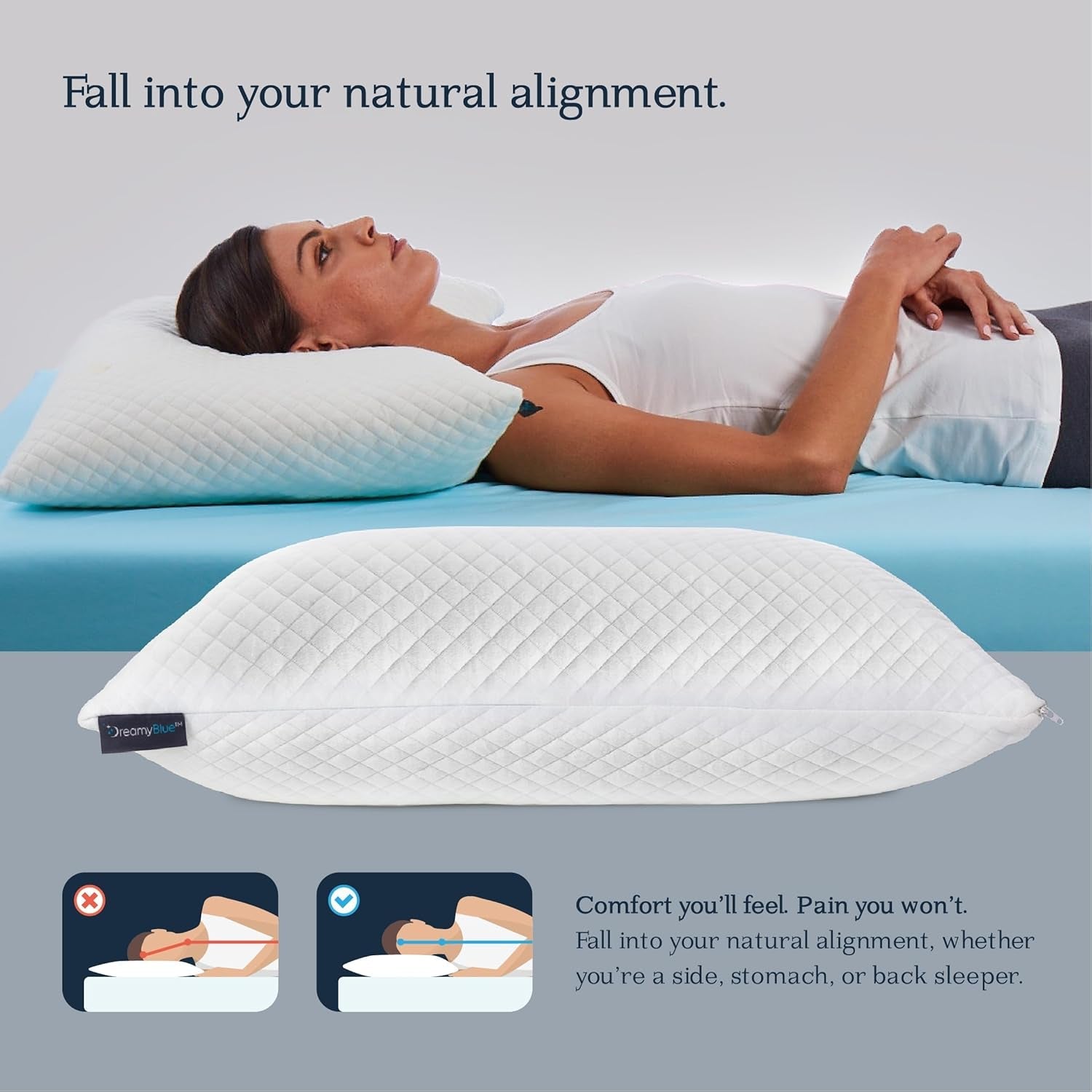 Cuscino per dormire Premium Dreamyblue - Imbottitura in memory foam triturato [Loft regolabile] Fodera lavabile in viscosa di bambù - Per lati scorrevoli, schiena e pancia - Cuscini standard Naty Shop