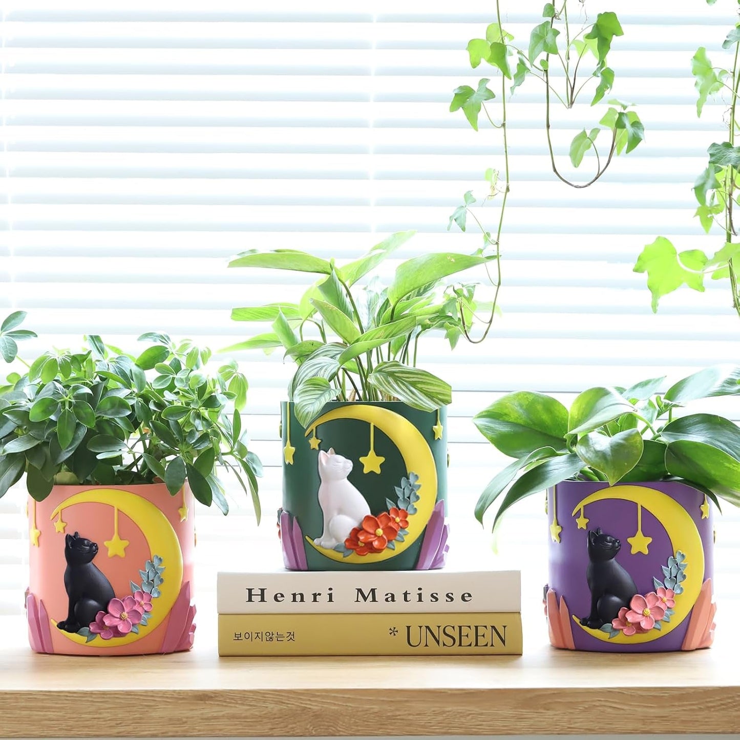 GUGUGO Simpatico vaso da fiori per gatti lunari, vaso da fiori unico con drenaggio, colori arcobaleno, piccoli vasi per piante d'appartamento, divertenti vasi da giardino per piante grasse, regalo, decorazione per la casa (C)