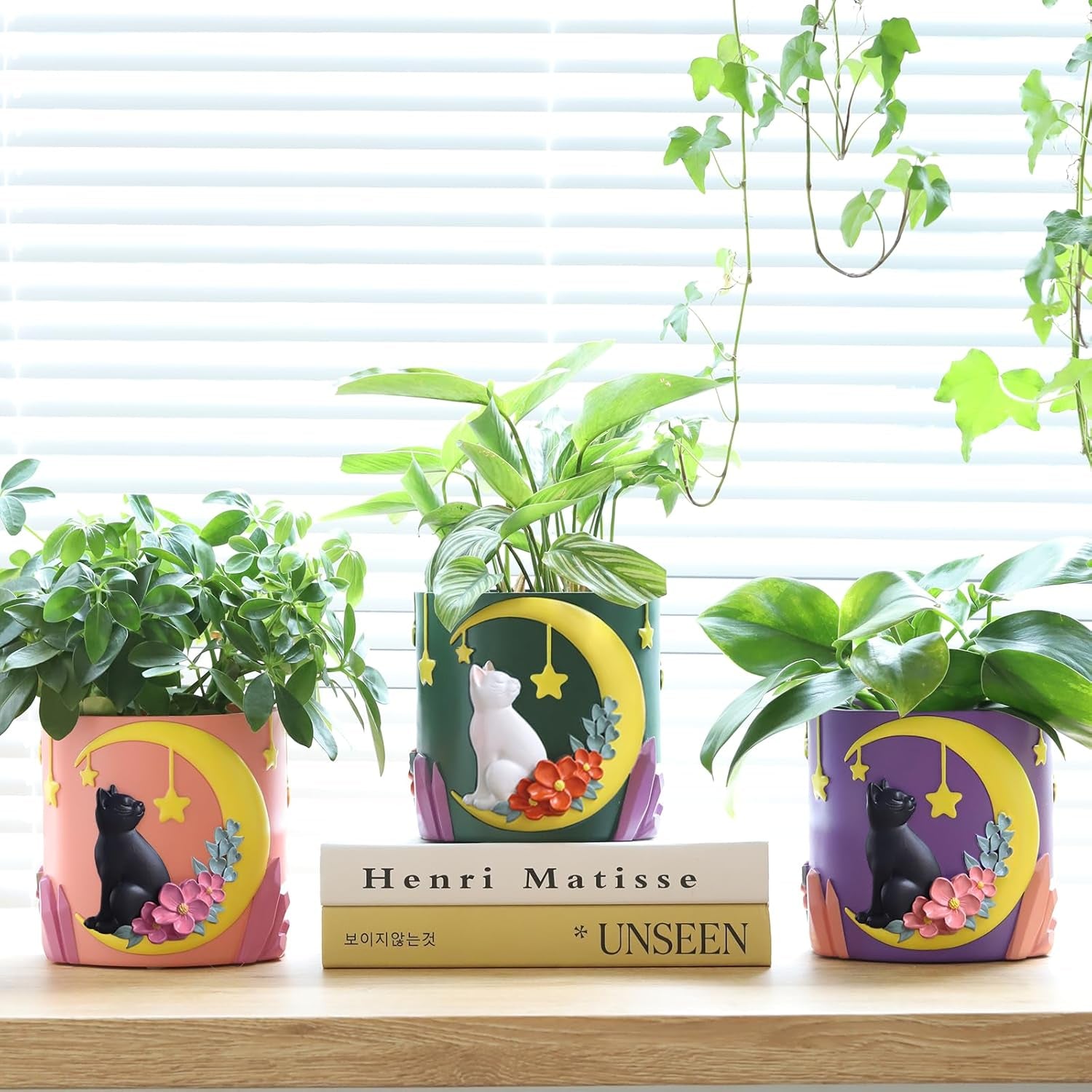 GUGUGO Simpatico vaso da fiori per gatti lunari, vaso da fiori unico con drenaggio, colori arcobaleno, piccoli vasi per piante d'appartamento, divertenti vasi da giardino per piante grasse, regalo, decorazione per la casa (C)