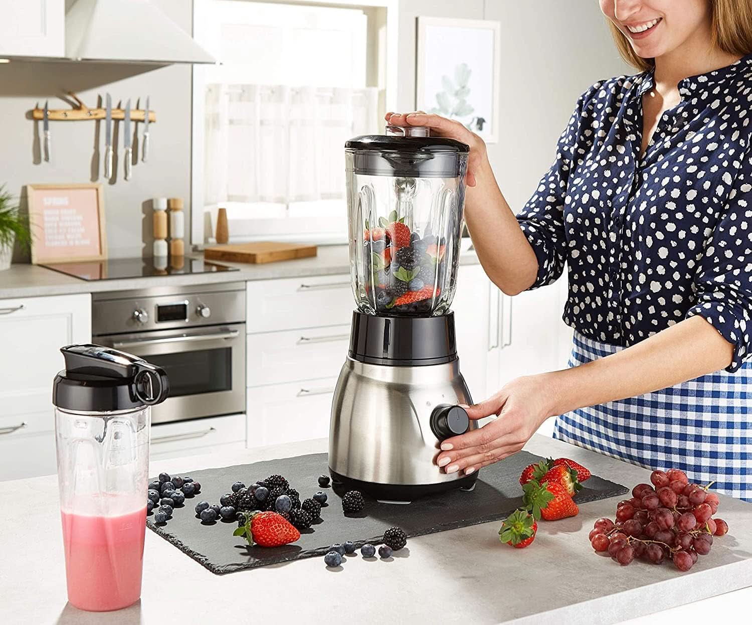 Russell Hobbs Robot da cucina 2 in 1 [mixer in vetro da 1,5 l e mini frullatore da 0,6 l -To-Go-Trinkflasche Inkl. Deckel] Spülmaschinenfest, funzione Impuls-/Ice-Crush, Becher BPA Frei, Edelstahl 23821-56 Kitchen Naty Shop