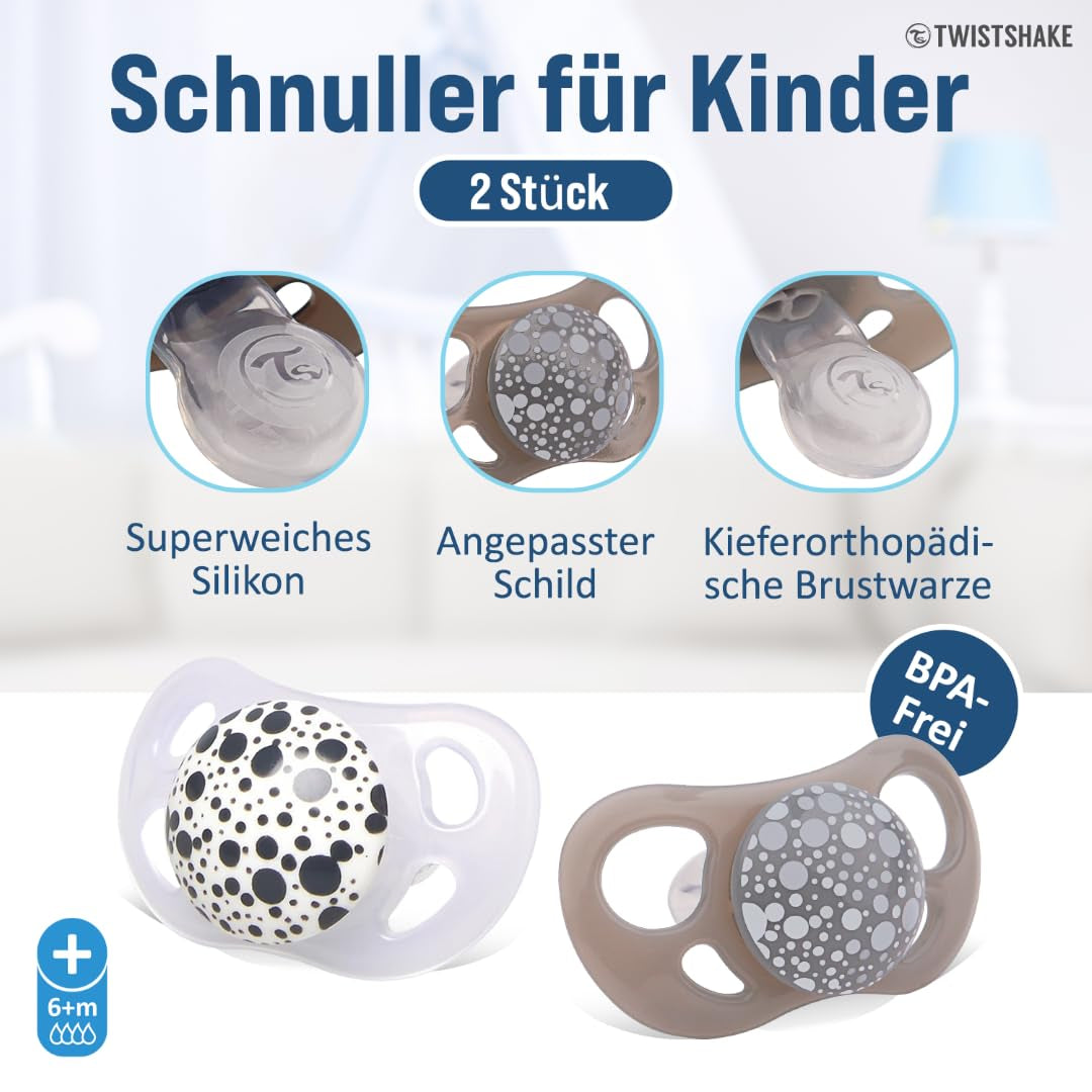 Ciucci per bambini Twistshake – Confezione da 2 | Forma ortodontica | Ultraleggero | Tettarella in morbido silicone | Senza BPA | Adatto a bambini dai 6 mesi | Grigio-bianco