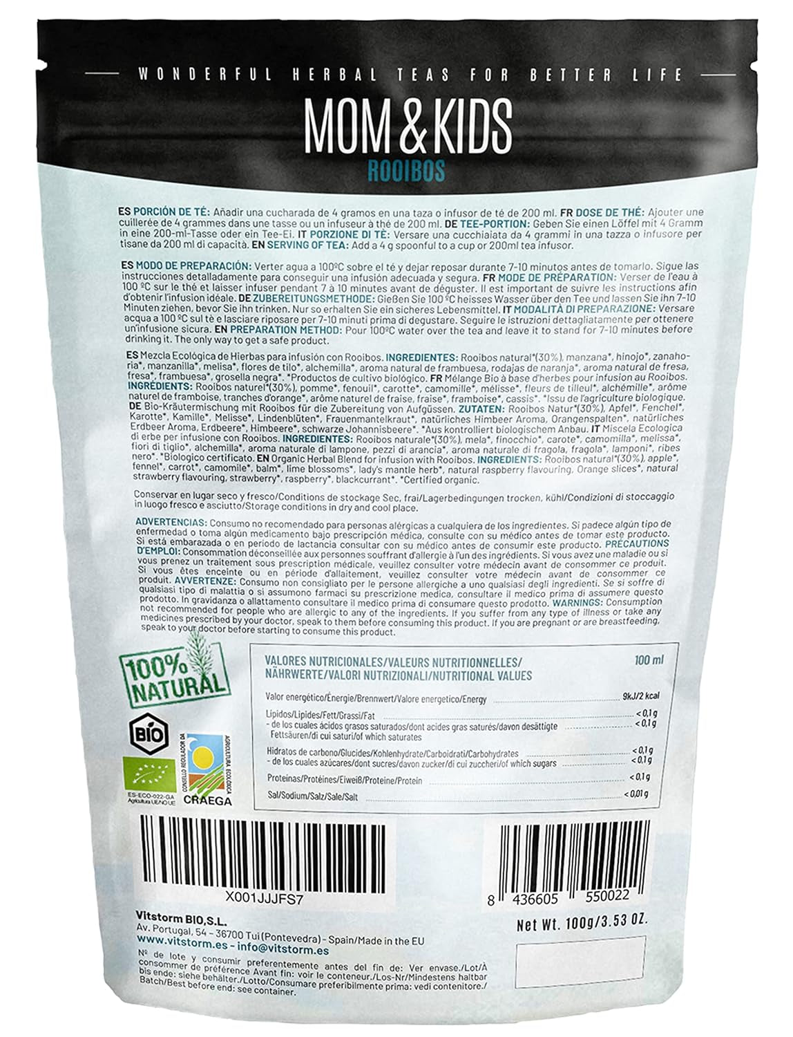 VITSTORM® BIO TEE Mom & Kids - Tisane per donne e allattamento - Rooibos, mela, finocchio, melissa, alchemilla, fragola - Tisane rilassanti - Fruttato e delizioso - Senza caffeina - Tisana 100 g