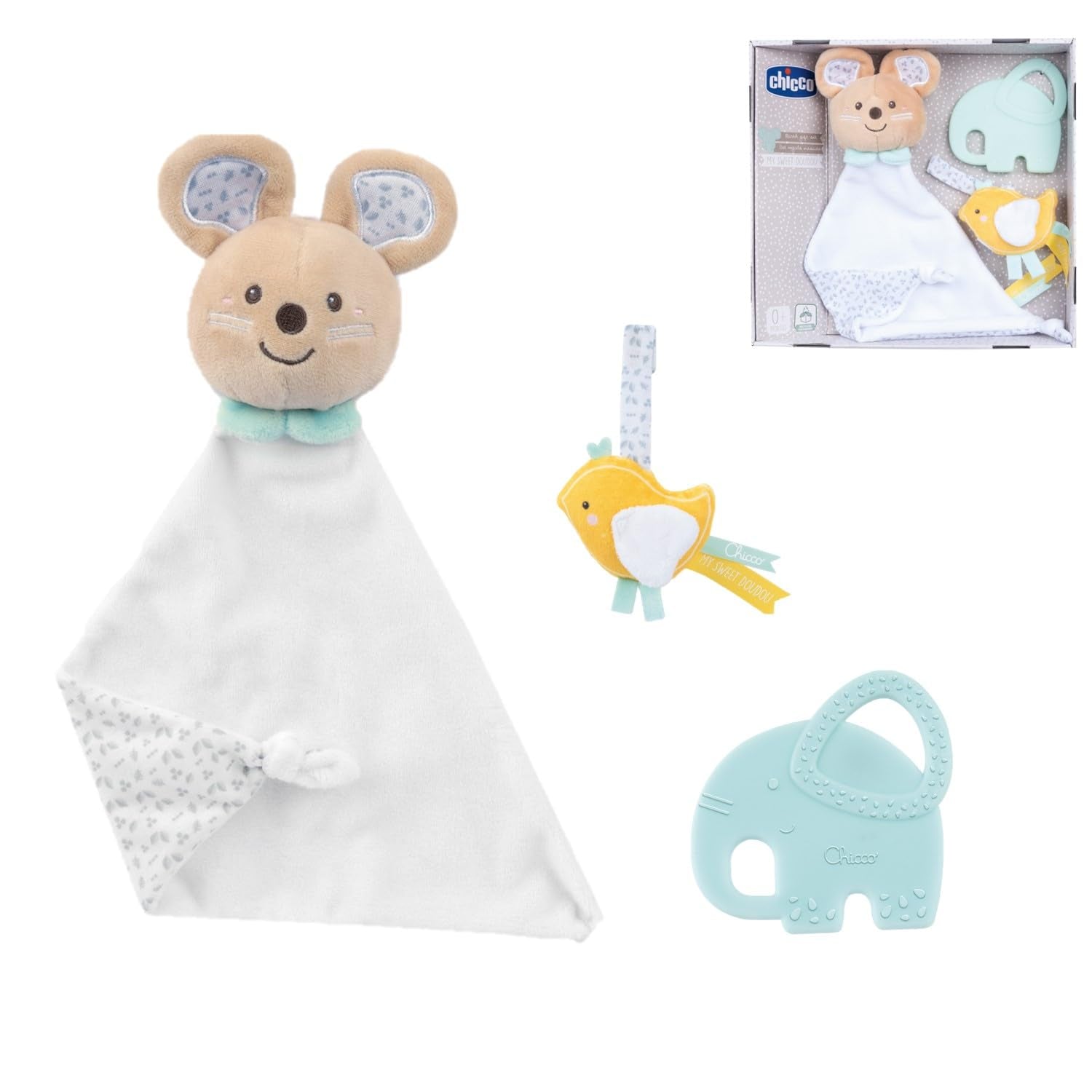 Chicco, Set Regalo Bebè My Sweet Doudou, Morbida Coperta DouDou, Ciuccio in Velluto, Anello per la Dentizione con Elefante in Rilievo, Idee Regalo per Neonati a partire da 0 Mesi