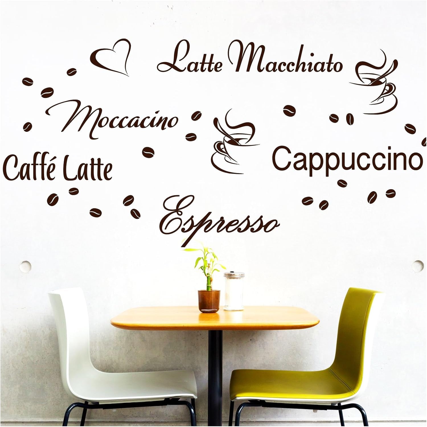 Wandtattoo Kaffee-Sorten I braun I Herz Kaffeetasse Kaffeebohnen Küche Esszimmer Adesivo Aufkleber Wandaufkleber Wandsticker G006