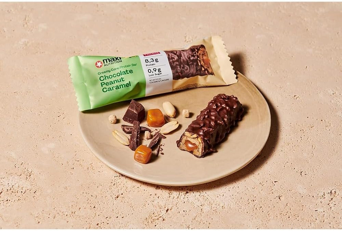 MaxiNutrition Barretta proteica vegana cremosa con cioccolato, arachidi e caramello 12x45g - barretta proteica vegana, 18% di proteine, 8,3 g per barretta, basso contenuto di zucchero (0,9 g), senza zuccheri aggiunti, senza aromi artificiali