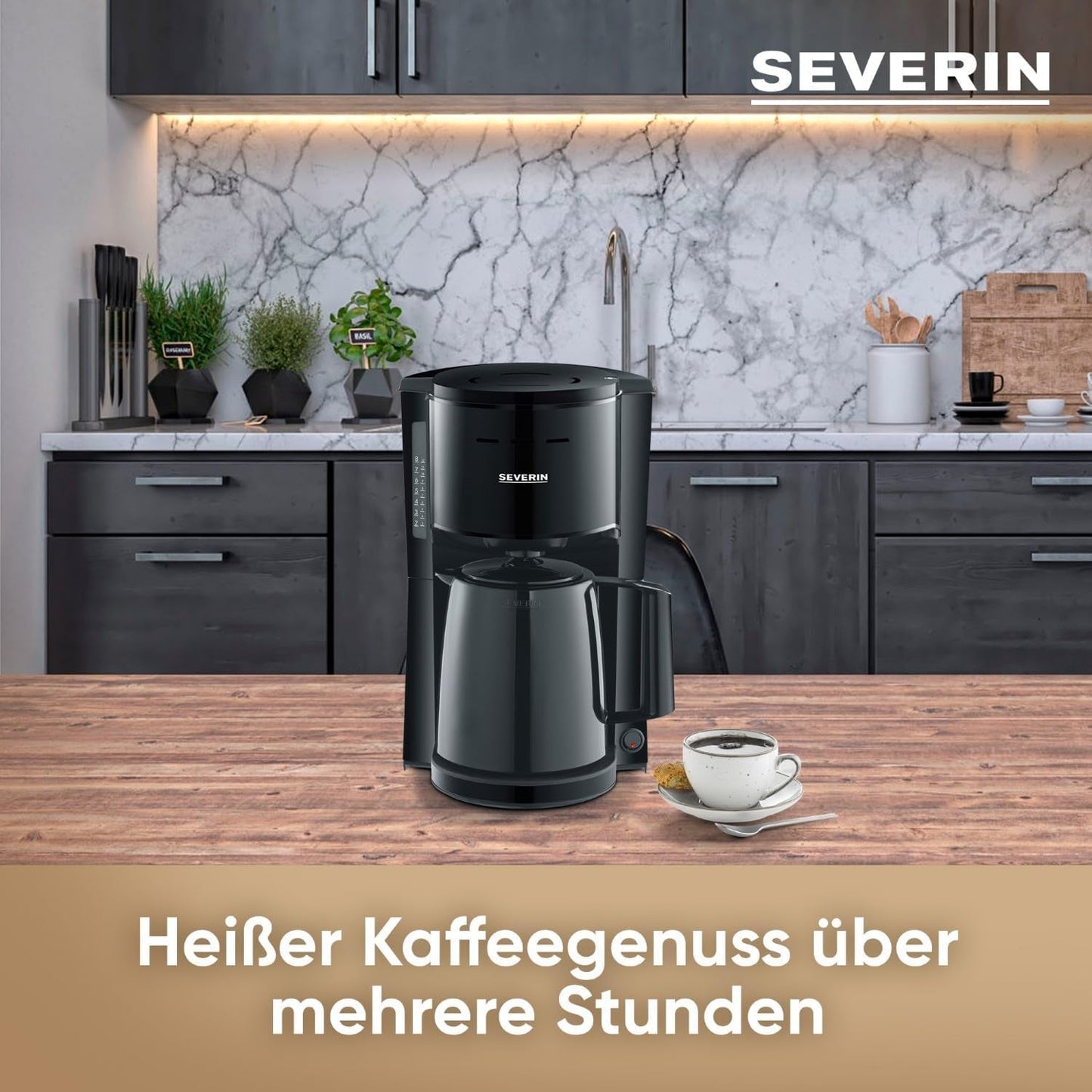 SEVERIN Caffettiera con filtro con caraffa termica, Caffettiera fino a 8 tazze, Attraente macchina con filtro con caraffa termica, Nero, 1 litro, KA 9306