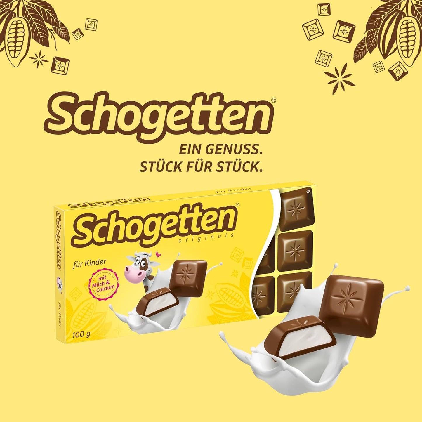 Schogetten per bambini, barretta di cioccolato da 100 g, cioccolato al latte con ripieno cremoso al latte, comodamente porzionato. Una prelibatezza. Pezzo per pezzo.