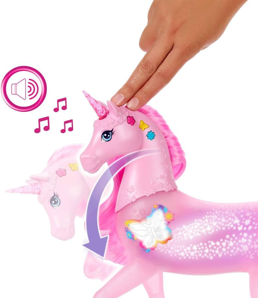 Barbie unicorno che si illumina al buio con 20 combinazioni interattive di effetti luminosi, sonori ed musicali per giocare premendo i pulsanti e accarezzando la testa, JCP78