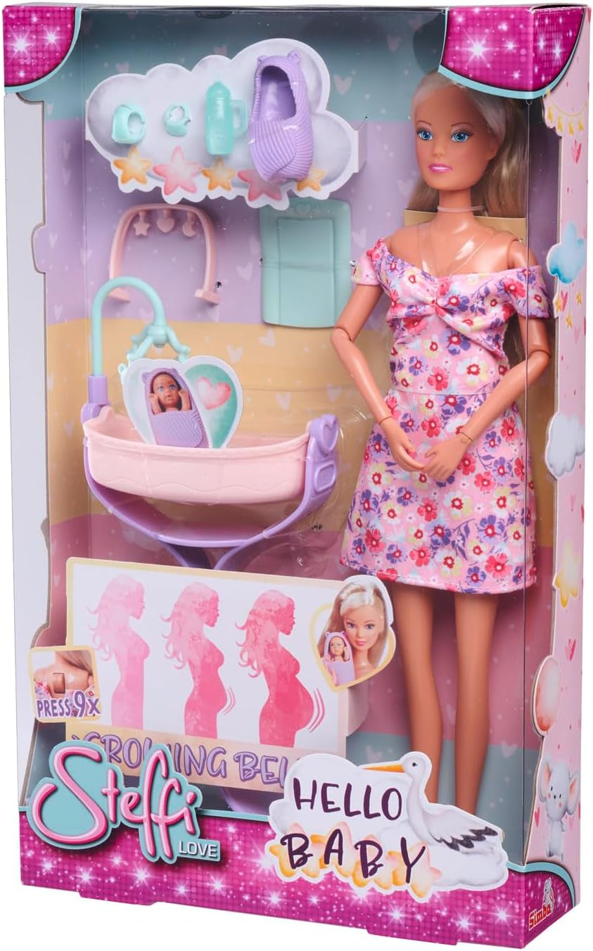 Simba 105733680 Steffi Love Doll Hello Baby (29 cm) - Bambola incinta con pancia in crescita, bambolina e accessori - Giocattolo per bambini, ragazze e ragazzi a partire da 3 anni