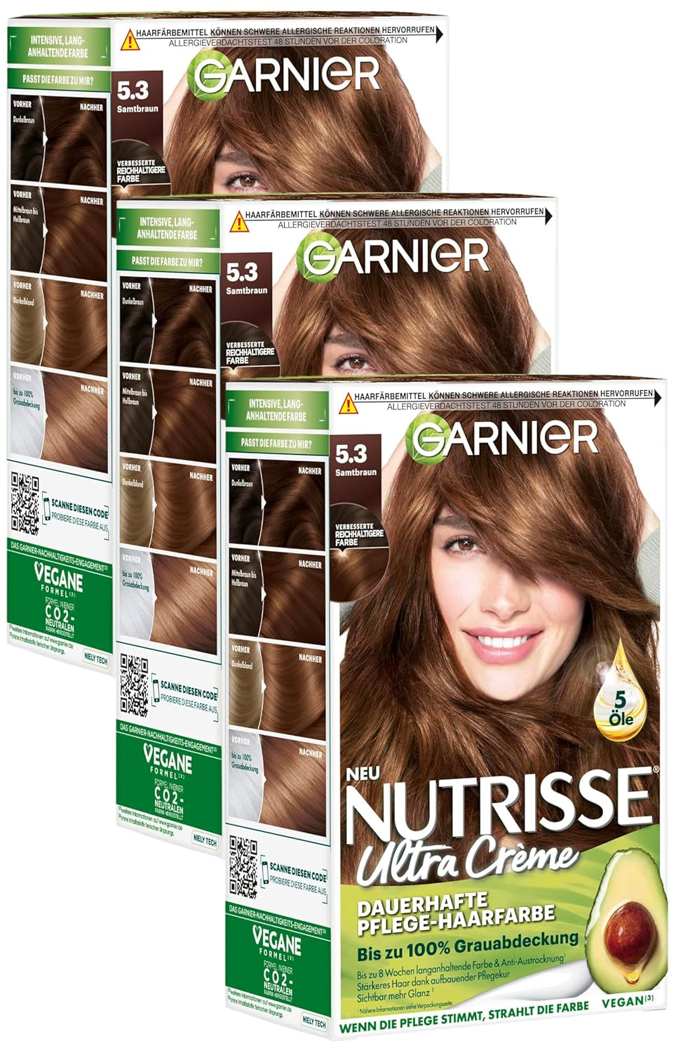 Garnier Nutrisse Tintura per capelli permanente con oli di frutta nutrienti, tenuta per 8 settimane, tinta Ultra Crème 053 Velvet Brown (confezione da 3) Naty Shop Hair Color Titolo predefinito