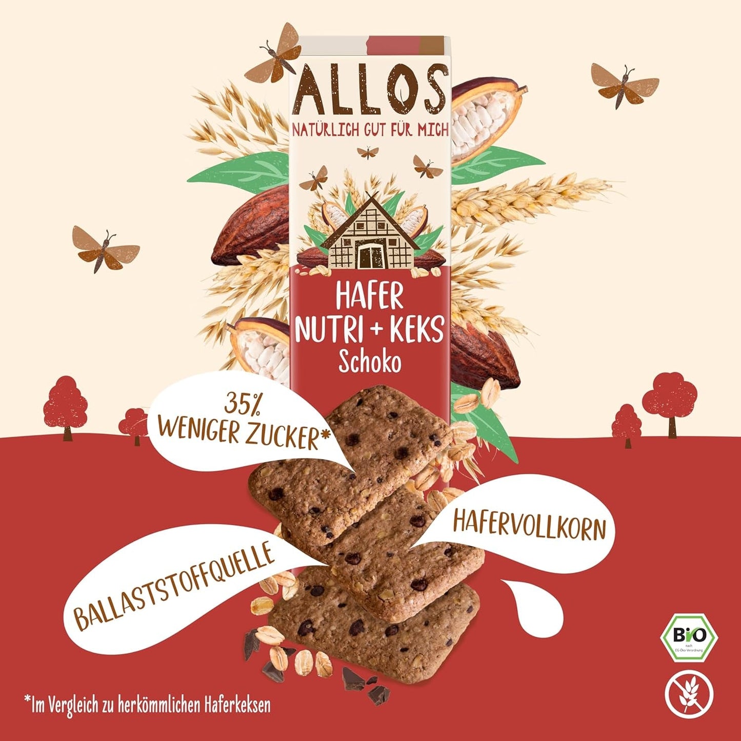 Biscotti con avena e cioccolato biologico Allos | Biscotto Croccante Al Cioccolato E Avena Integrale | Dolcificare con miele 6 x 130g