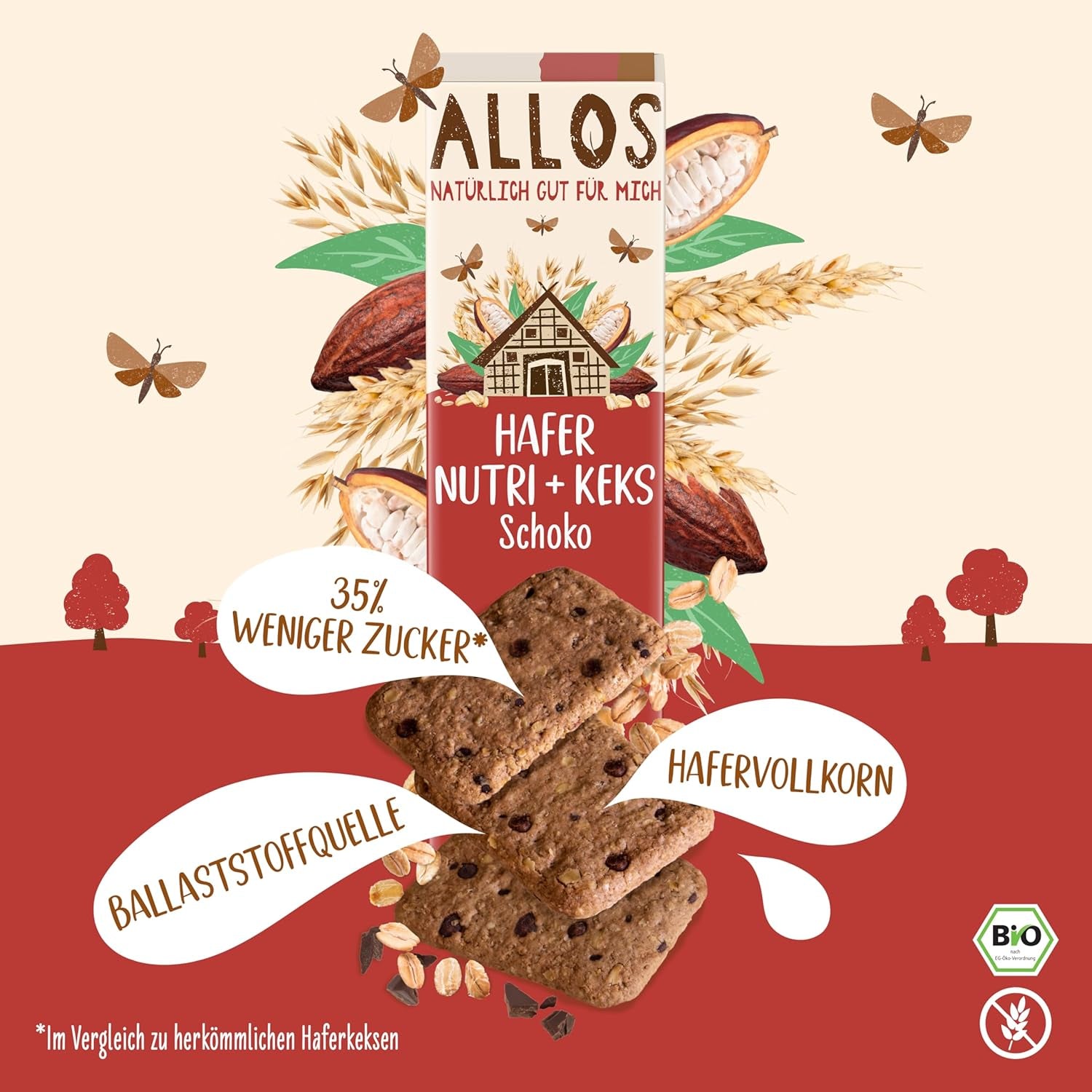 Biscotti con avena e cioccolato biologico Allos | Biscotto Croccante Al Cioccolato E Avena Integrale | Dolcificare con miele 6 x 130g