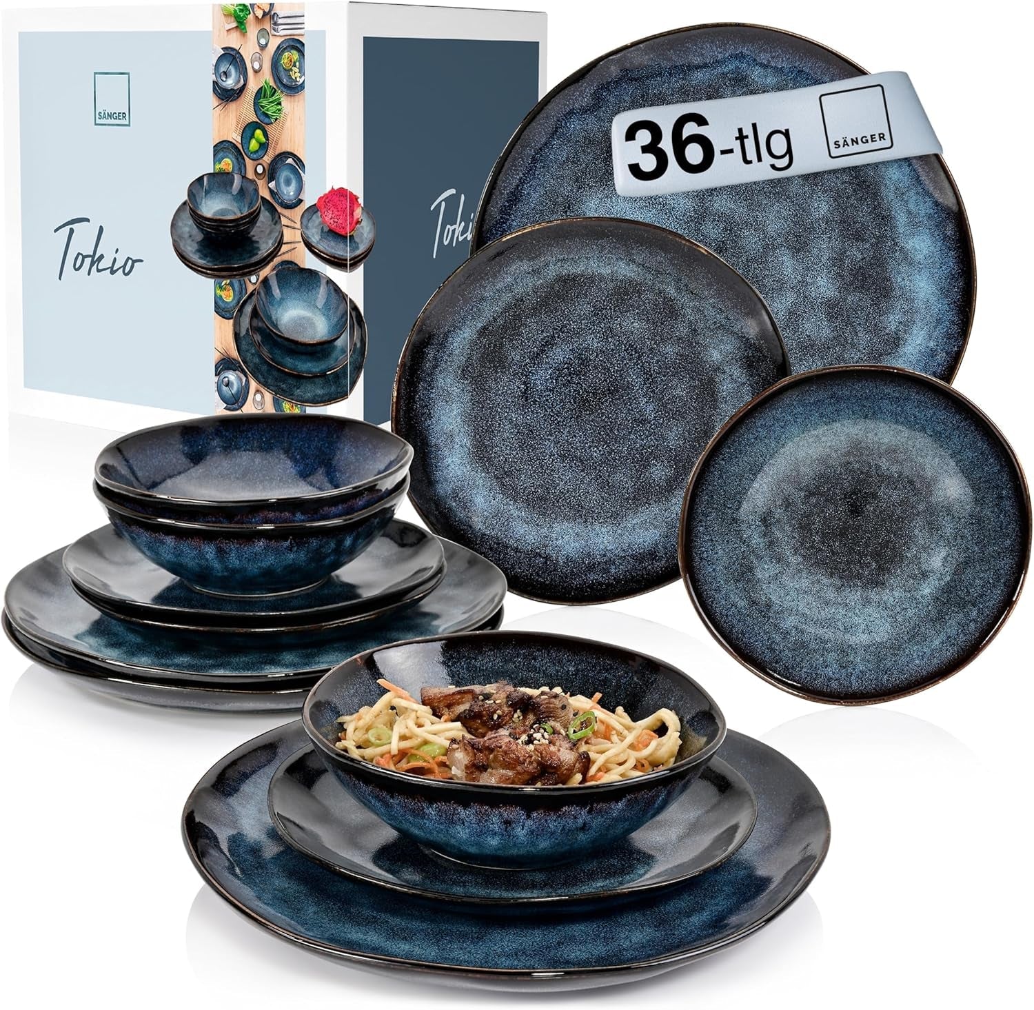 Sanger | Set di stoviglie Tokyo da 36 pezzi Set di stoviglie in porcellana per 12 persone Stoviglie moderne fatte a mano blu scuro con accenti neri | LA COLLEZIONE PREMIUM