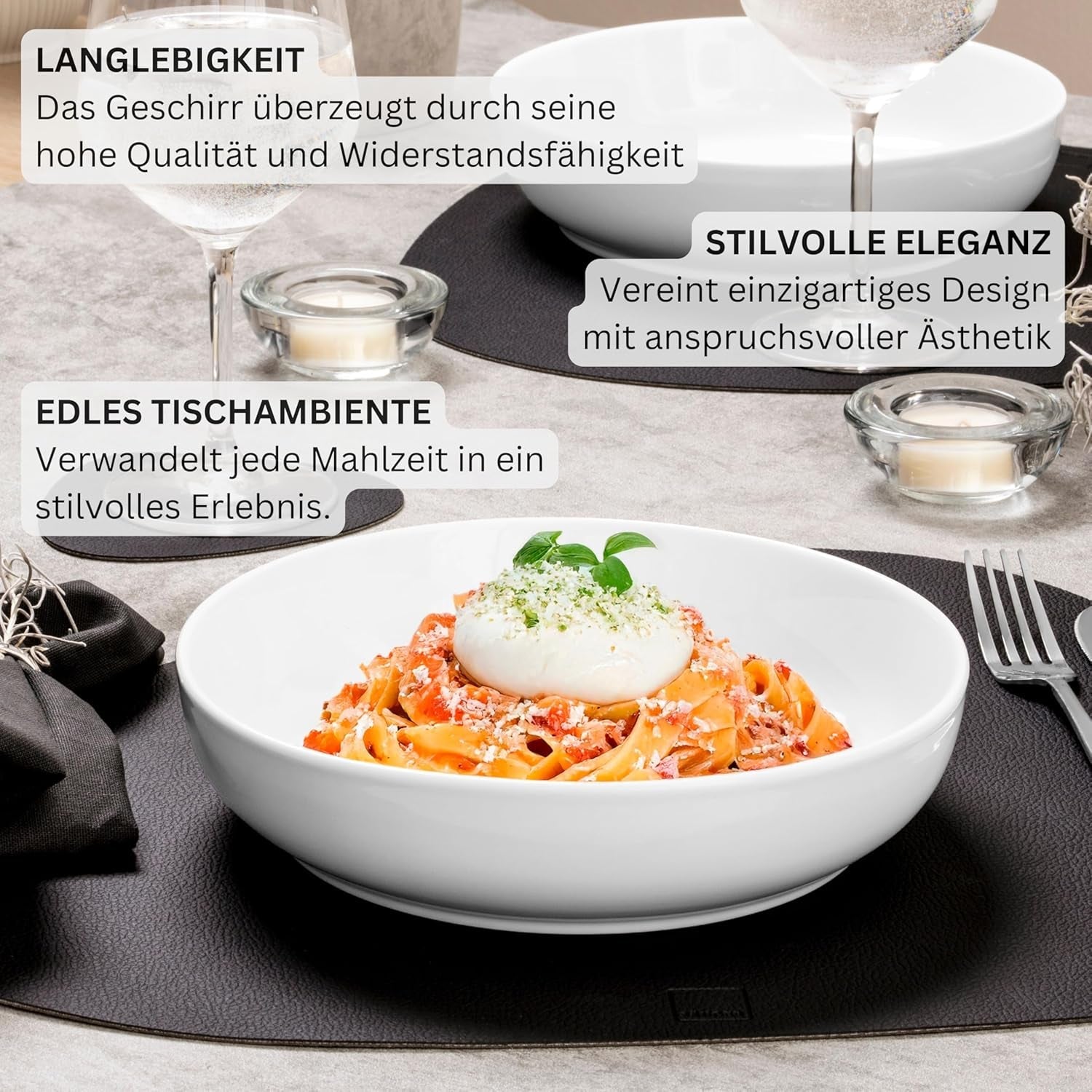 SANGER | Marlo White Servizio Piatti Servizio Piatti 24 Pezzi per 6 con Piatti Dessert, Piatti Piani, Ciotole e Ciotole per Cereali Set Piatti Piani in Porcellana Stoviglie Design Moderno COLLEZIONE PREMIUM