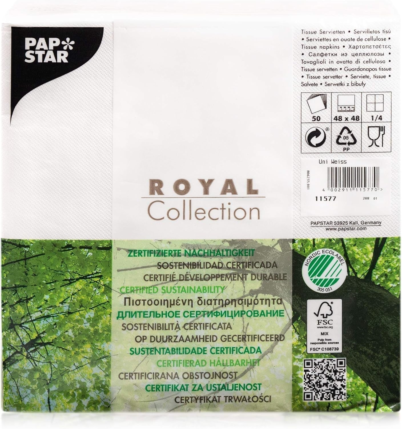 Papstar, 50 tovaglioli "ROYAL Collection" 1/4 pieghe 48 Cm X 48 Cm Bianco, #11577