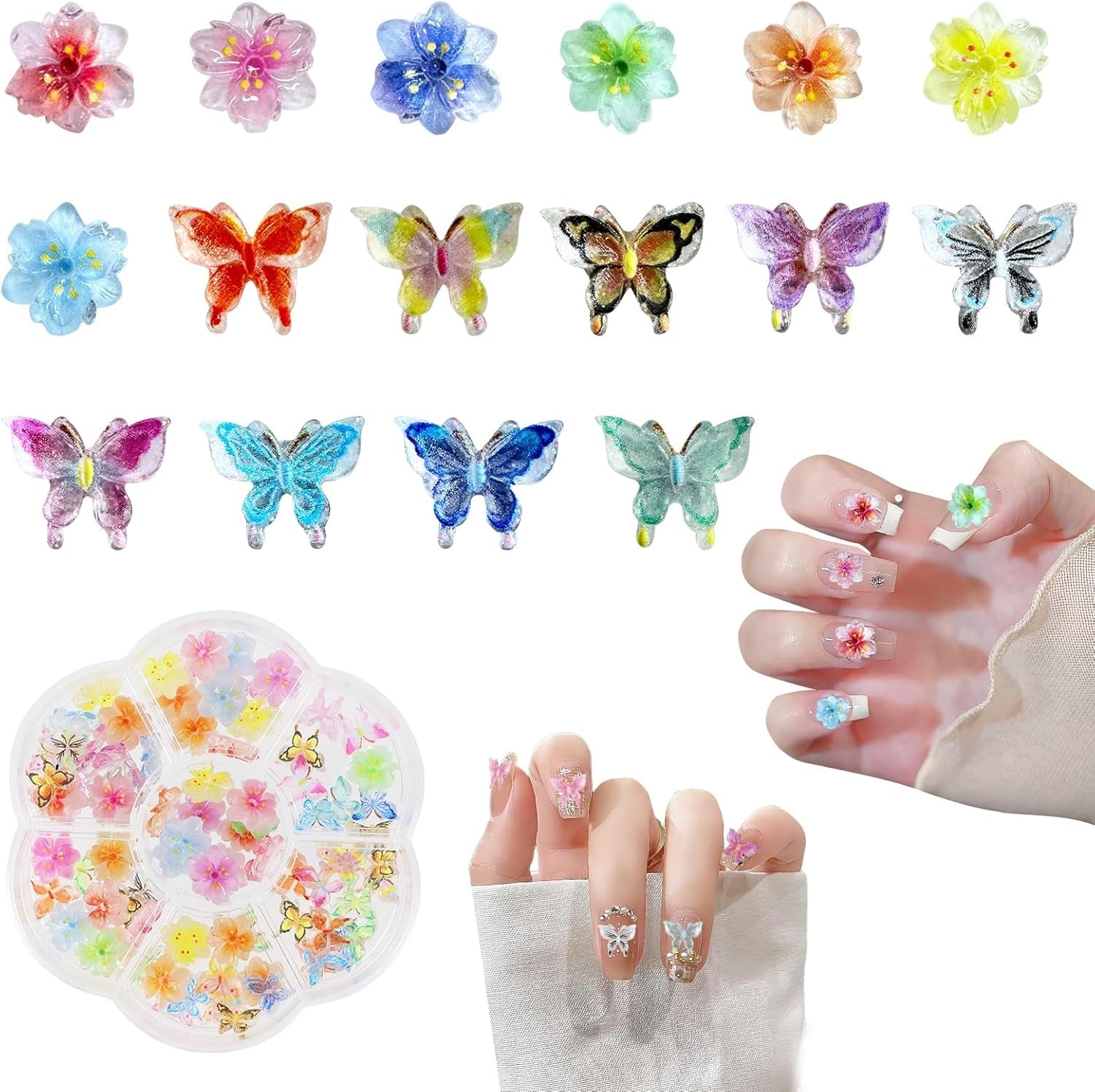 YICH Ciondoli per unghie Nägel Charms 50 pezzi fiori 3D + 50 pezzi 3D Schmetterling, Summer Nägel Deko Set Schmetterling/Fiori Nail Art Nail art