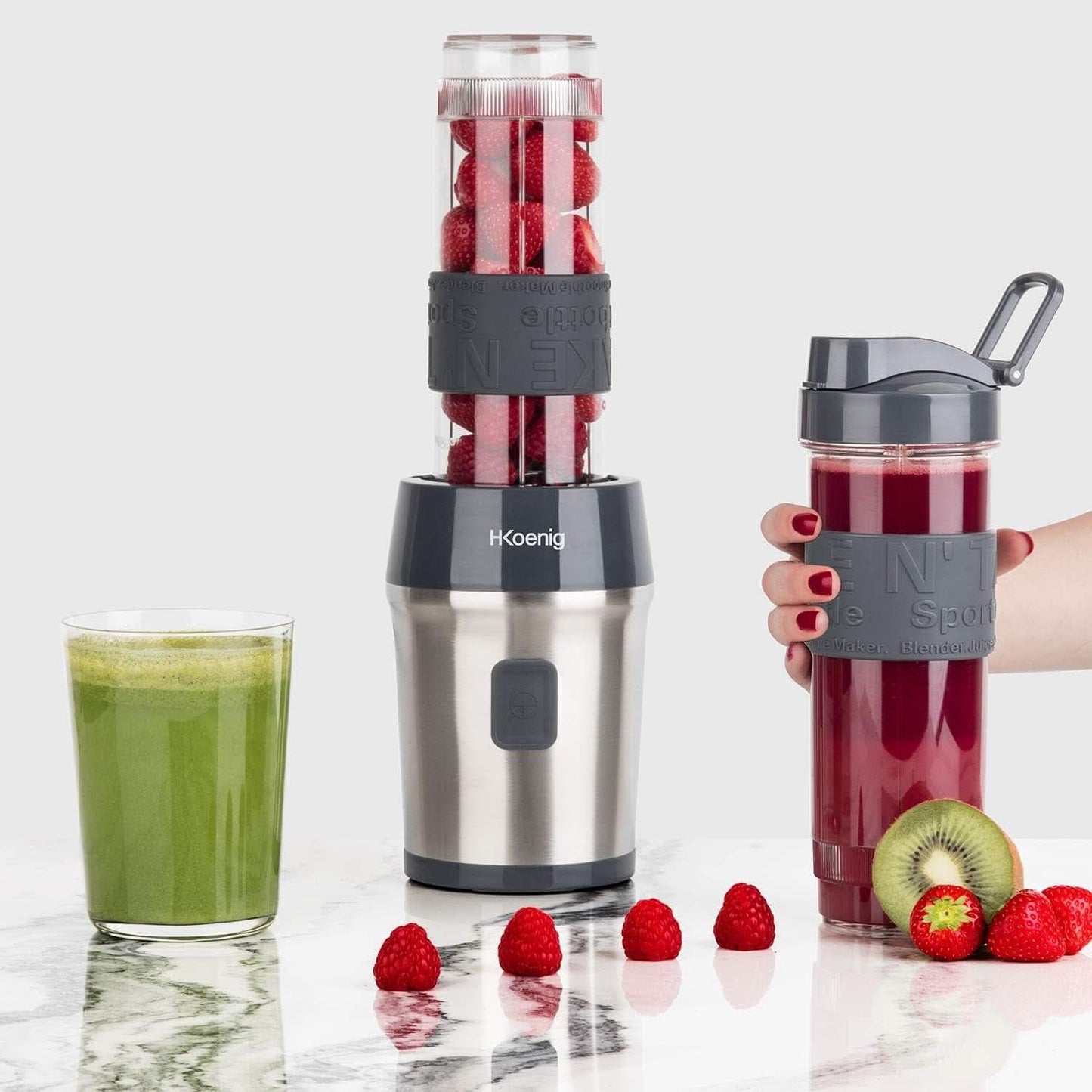 H.Koenig Smoothie Maker SMOO9 - Mini Robot da cucina - Mini Frullatore - 300 Watt - 570 Ml - Edelstahl - 2 Kunststoffflaschen - Bpa-Frei, Grau Kitchen Naty Shop