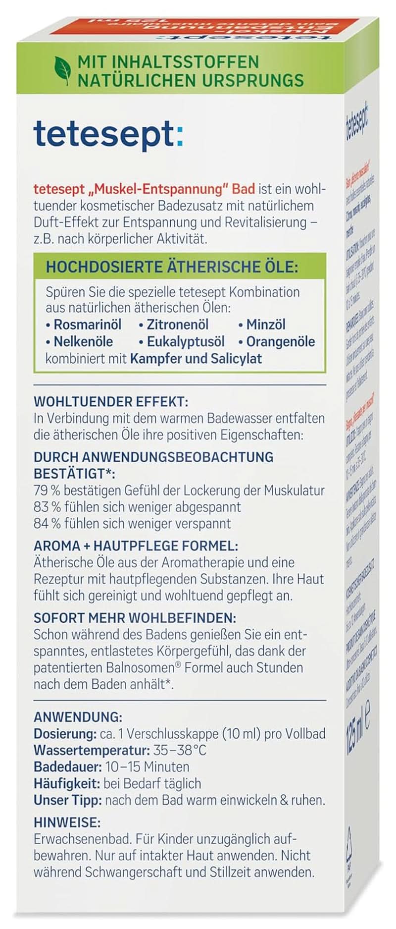 Tetesept Muskel, Additivo per bagno rilassante dopo lo sforzo fisico, 125 ml Doccia e bagno Naty Shop