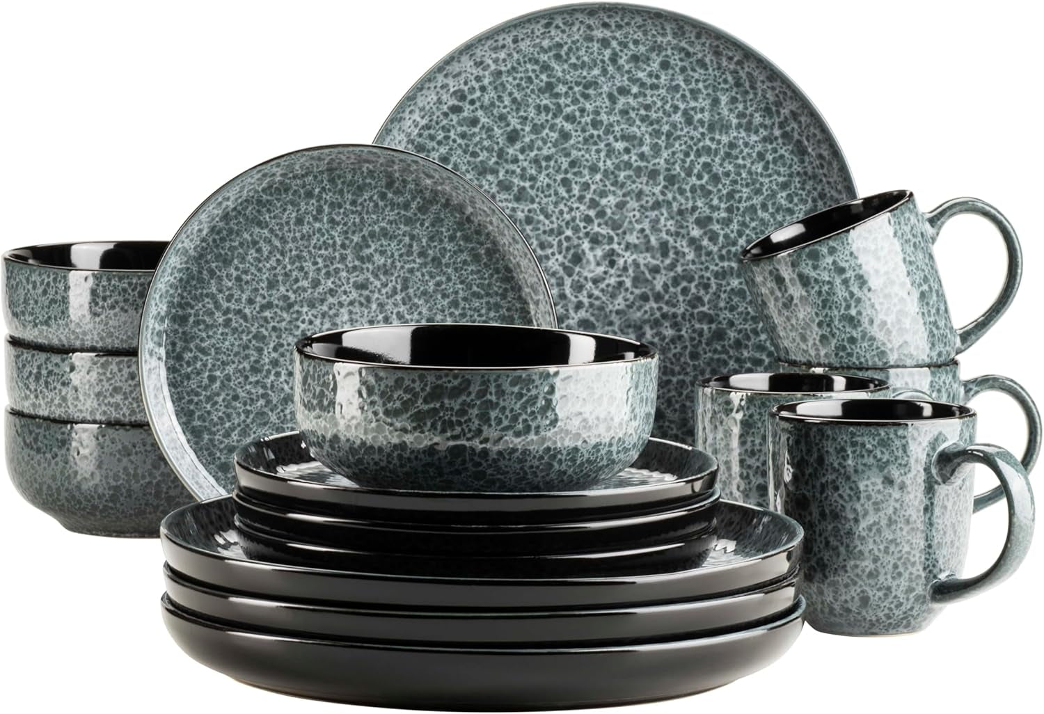 MÄSER 934110 Serie Filippa, Servizio da tavola in ceramica per 4 persone, Servizio da tavola moderno combinato con 16 pezzi; Piatti, ciotole e tazze con smalto reattivo in verde e nero, Gres, Verde