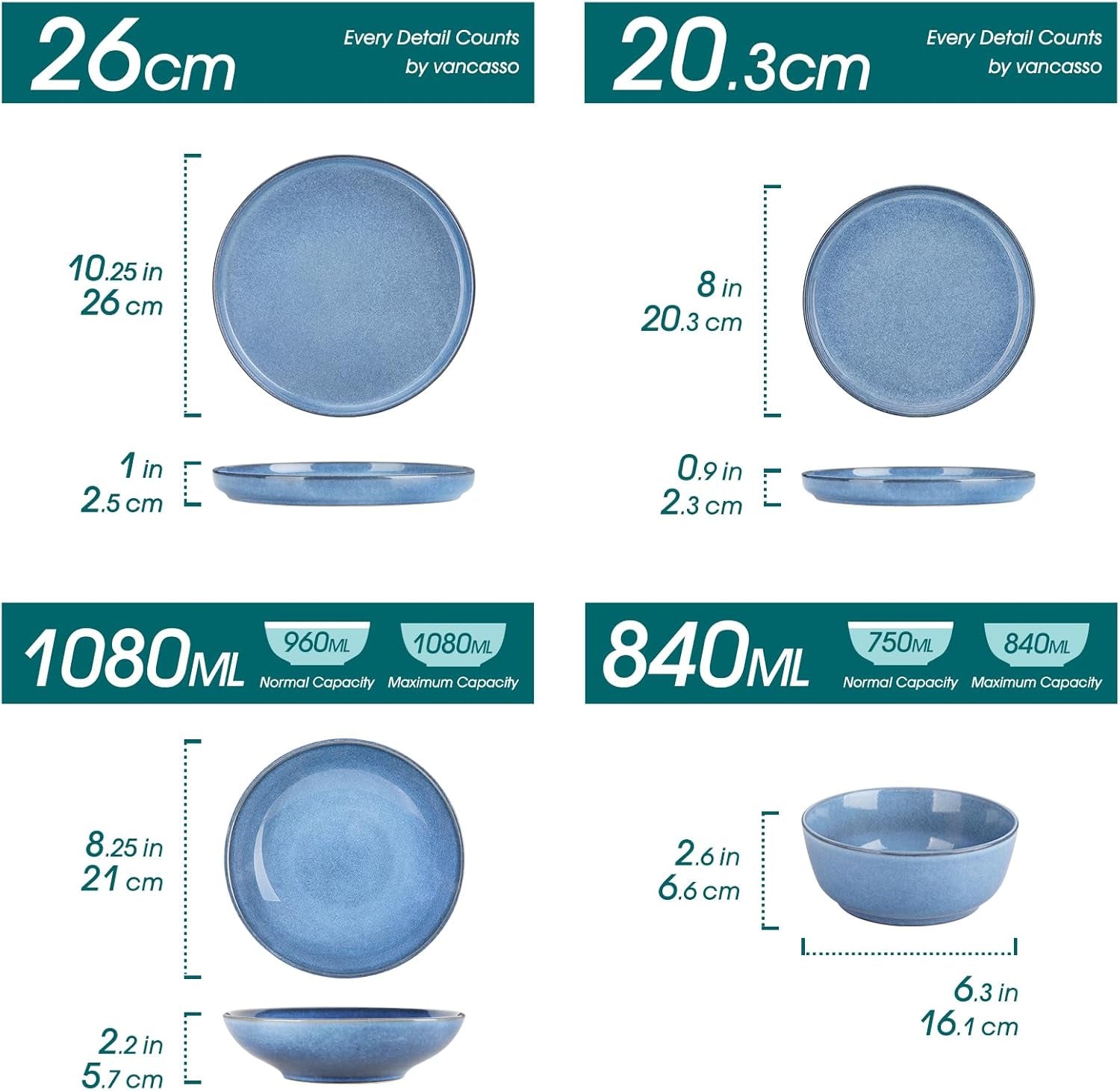 Steingut Geschirrset 6 Personen, vancasso ANYA Blau Teller Set Modern 24 teilig, Tafelservice mit Speiseteller, Suppenteller, Desserttellern, Schüsseln, Geschirr Set Spülmaschinen und Mikrowellenfest