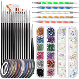 FANDAMEI Set di pennelli per nail art, 15 pezzi di pinsel per gel Nägel Nagel Pinsel, 5 pezzi di penna a pois, 10 rotoli di nastro adesivo, strasssteine ​​​​Nägel, ultra dünn Nagel Paillettes per nail art Maniküre Set