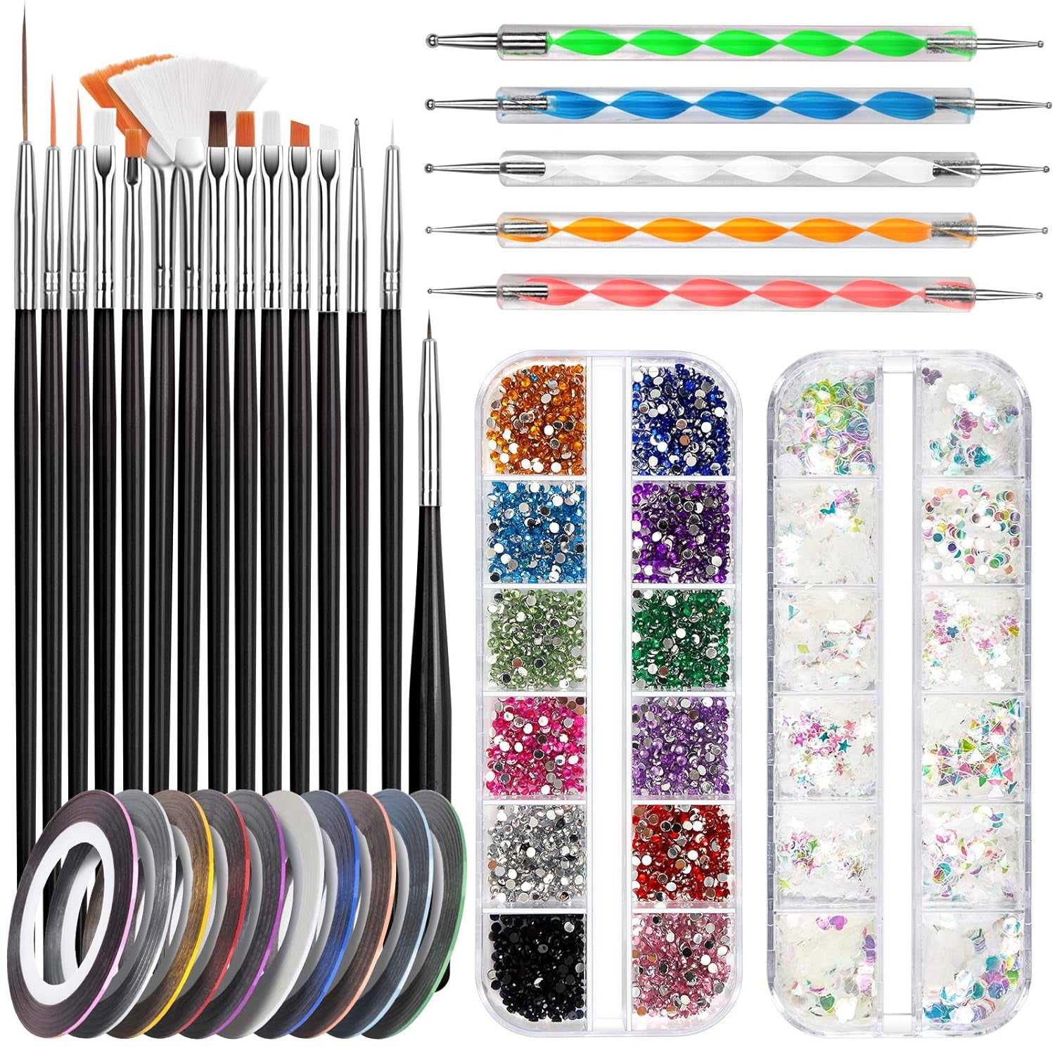 FANDAMEI Set di pennelli per nail art, 15 pezzi di pinsel per gel Nägel Nagel Pinsel, 5 pezzi di penna a pois, 10 rotoli di nastro adesivo, strasssteine ​​​​Nägel, ultra dünn Nagel Paillettes per nail art Maniküre Set