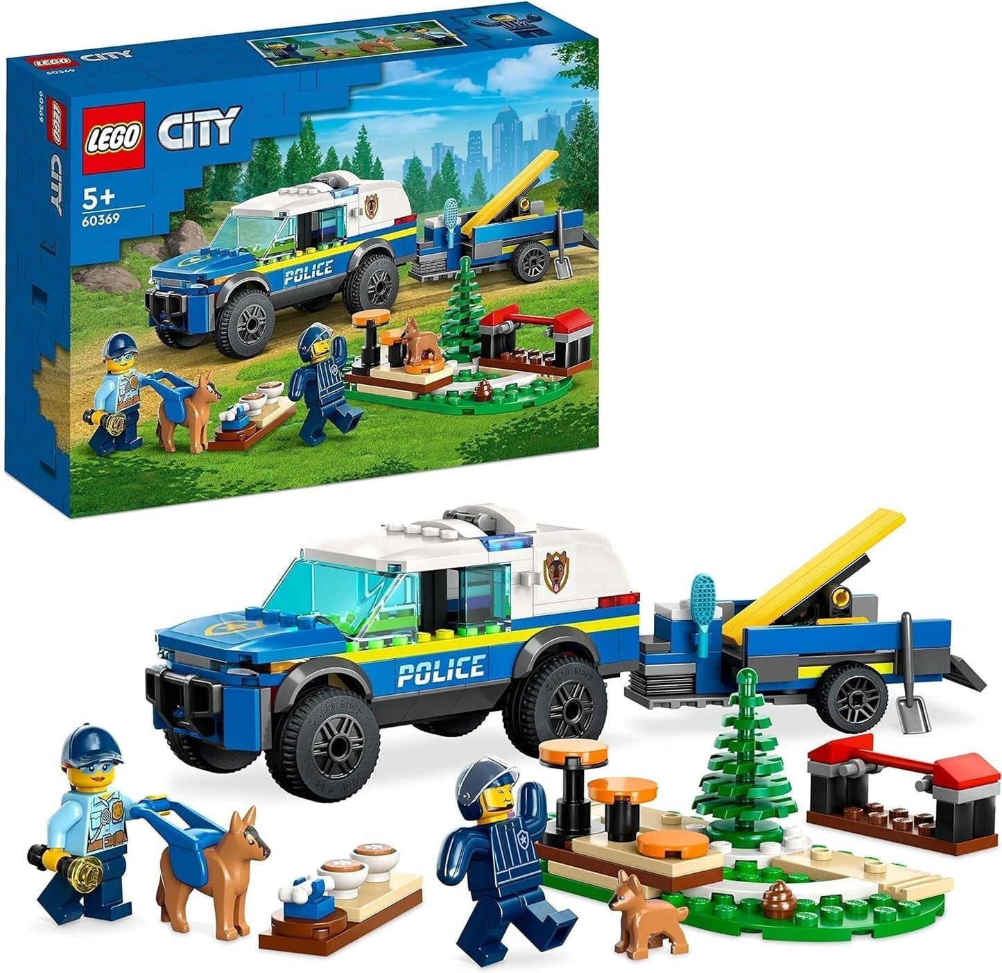 LEGO City 60369 City Giocattolo mobile per addestramento del cane della polizia Auto della polizia con rimorchio Personaggi di cani e cuccioli Set di animali per bambini 5+ anni Set da costruzione Besuche den LEGO-Store Single