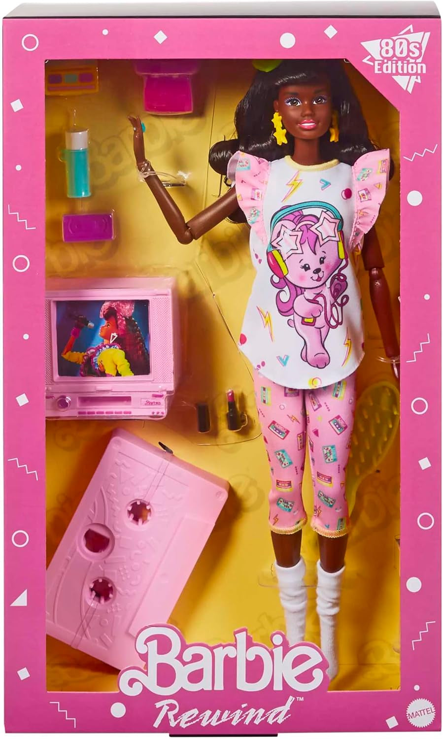 Barbie Rewind - Figura da collezione nostalgica in stile anni '80 con capelli e abiti splendidi, include TV, popcorn e telefono, per fan e collezionisti, HJX19