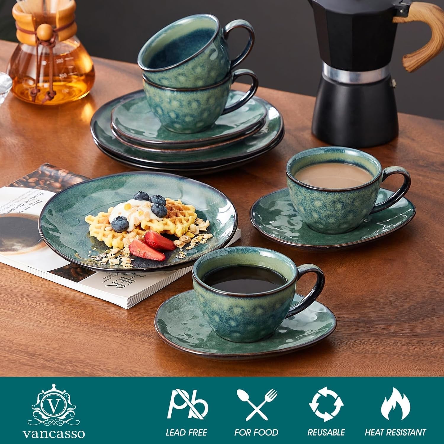Servizio da caffè in gres Vancasso STARRY Set da caffè da 12 pezzi per 4 persone Include tazze da caffè e piattini Look vintage