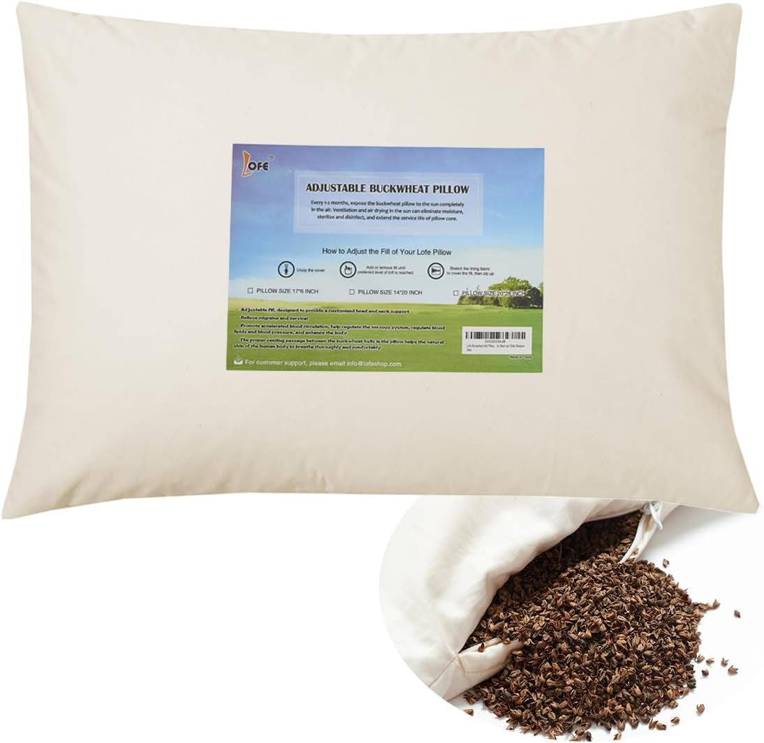 LOFE Cuscino per Dormire in Grano Saraceno Biologico 35,6 X 50,8 cm Regolabile Traspirante per il Sonno Fresco Supporto cervicale per chi dorme sulla schiena e sul fianco (scafi di grano saraceno tartaro) Naty Shop Cuscini Standard Colore Crema Dimensioni Giapponesi (14X20 Pollici)